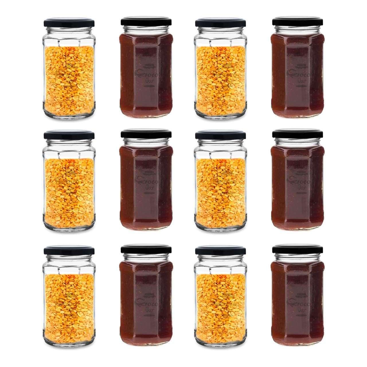 Croco Jar Glass Jars and Storage Containers Air Tight Lid For Herbs, Foods, Jams, Liquid, Small Spice Jars - 500 Ml Glass Pickle Jar (Pack Of 6, Black) 5