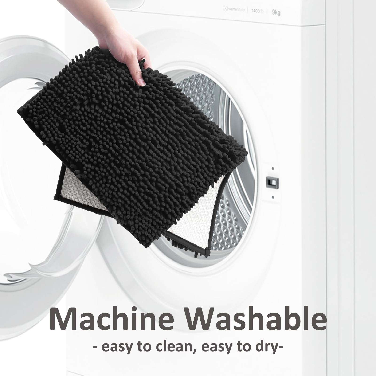 Bathroom Rugs Sets 4 Piece with Toilet Lid Cover, Soft Shaggy Bath Rug Set and U Shaped Toilet Rug, Machine Washable Chenille Bathroom Set Bath Mat Non-Slip PVC Backing Water Absorbent Gifts, Black 5