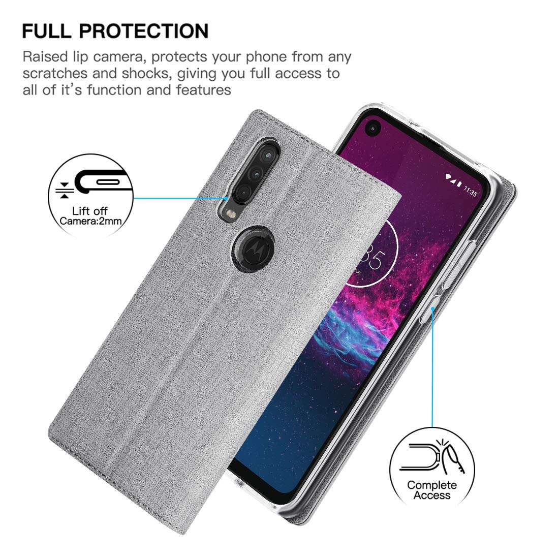 Foluu Motorola One Action Case, Flip Folio Wallet Cover Slim Premium PU Leather Case ID Card Slots Kickstand and Magnetic Closure Clear TPU Bumper Cover for Motorola One Action 2019 (Gray) 4