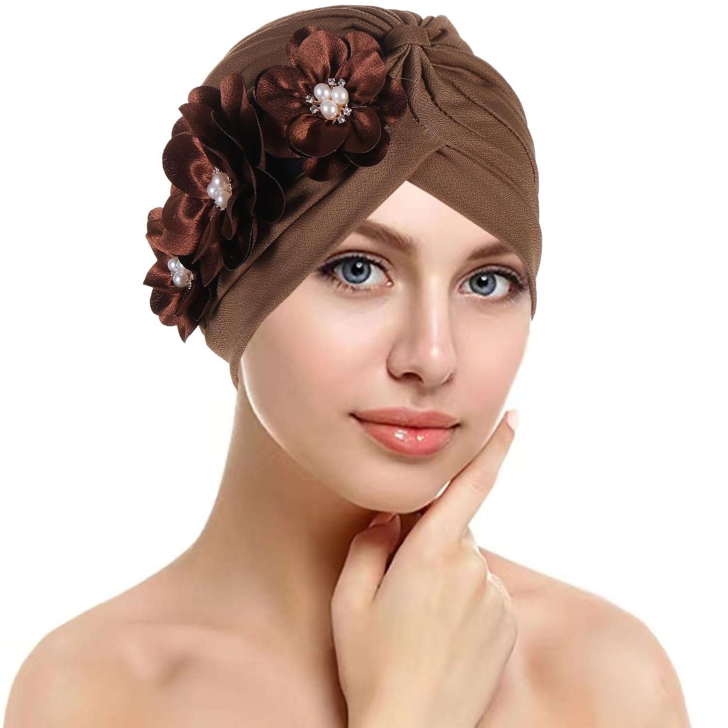 2 Pieces Womens Turban Three Flower Plicate Caps Vintage Beanie Headscarf Bonnet Elastic Headwrap Hat 6