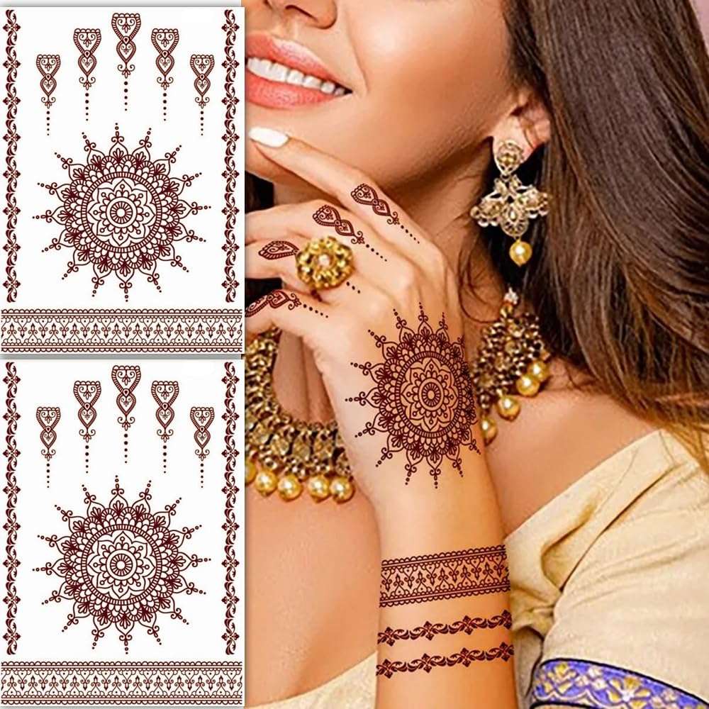 S.A.V.I 2 Sheets, Henna Tattoo Stickers, Natural Mehendi Color, Waterproof, 21x15cm for Women's Hands & Body 1
