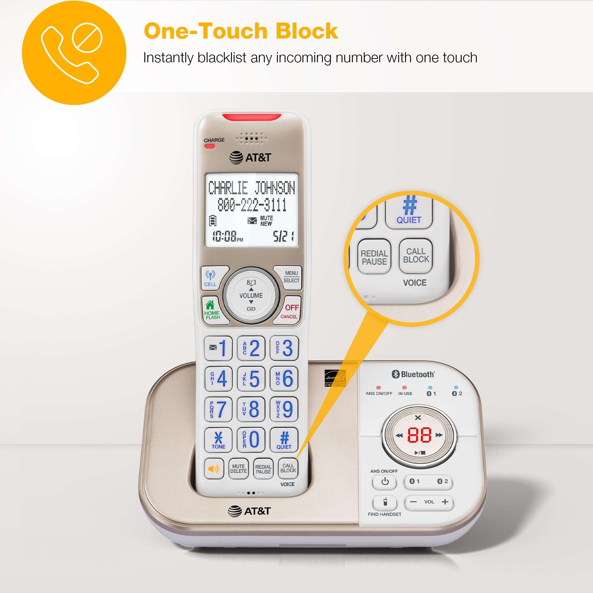 AT&T 2-Handset DECT 6.0 Bluetooth Expandable Cordless Phone for Home with Answering Machine, Smart Call Blocking, Caller ID, Intercom and Bluetooth Connect to Cell: BL3112-2 (Champagne Gold/White) 4