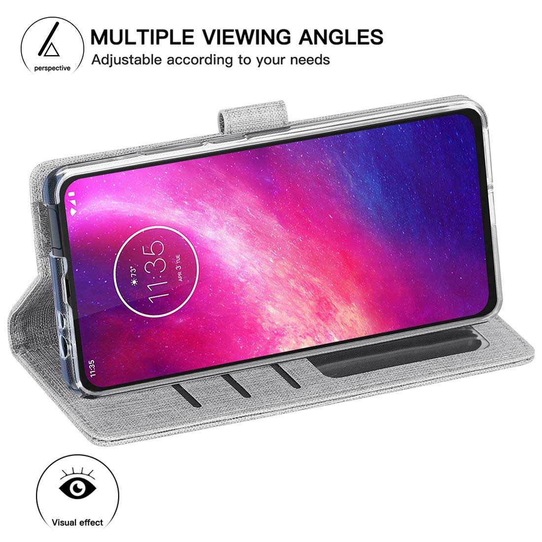 Foluu Motorola One Hyper Case, Wallet Case Cover Card Holster Canvas Flip/Folio Soft TPU Cover Bumper with Kickstand Ultra Slim Strong Magnetic Closure for Motorola One Hyper 6.5 inch 2019 (Gray) 2