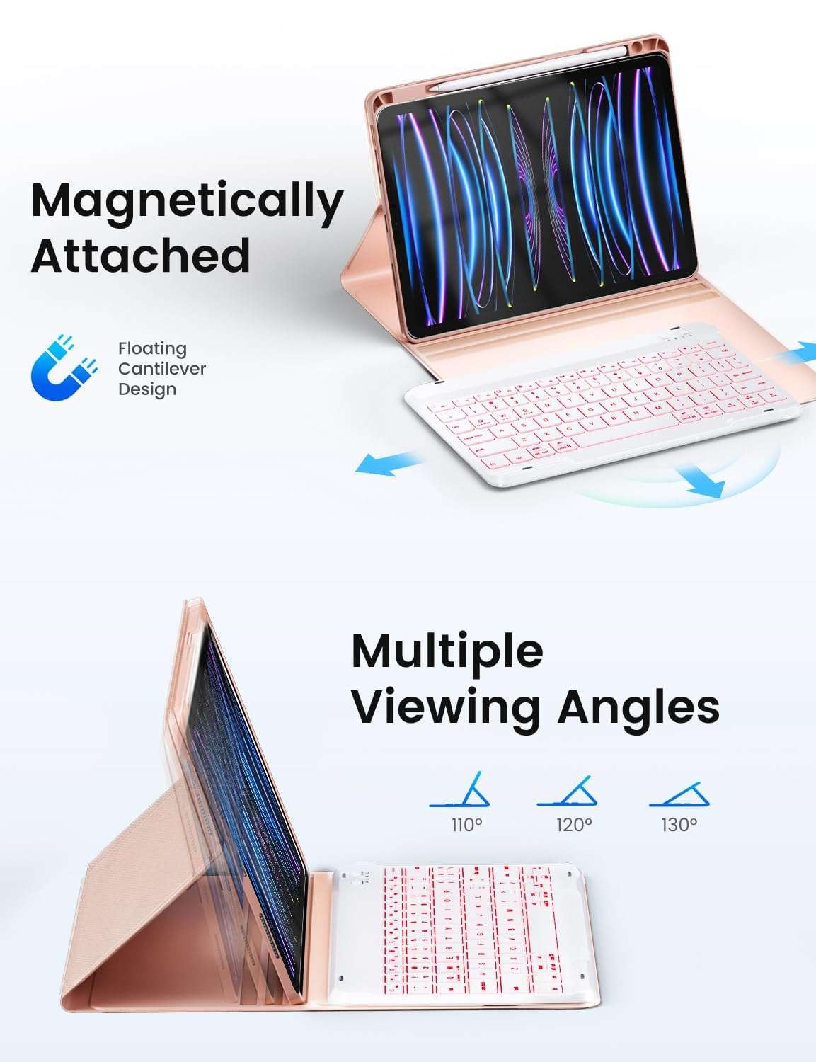 OYEEICE Keyboard Case for iPad Pro 12.9 (6th Generation 2022) - Detachable BT Backlit Magnetic Keyboard with iPad Pro 12.9 inch 5th / 4th Gen 2021 2020, Built-in Pencil Holder, Smart Cover(Pink) 5