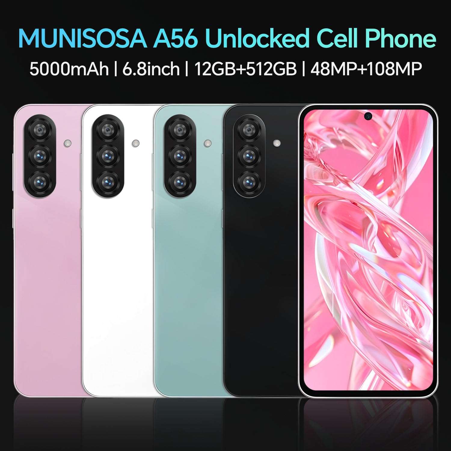 Unlocked Cell Phones R56 Ultra 5G,12+512GB Unlocked Phone, 48MP+108MP Dual Camera，5000mAh Battery，5G Dual SIM Smartphone, 6.8" HD Screen, Android 14.0, Face ID/GPS(Titanium White) 3