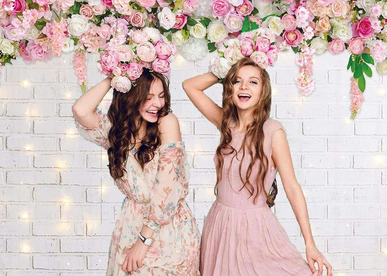 Flower Wall Backdrop Glitter White Brick Wall Mother's Day Flowers Photography Background Mother's Day Wedding Bridal Baby Shower Birthday Party Spring Theme Decor Photo Booth Props (10x8FT) 6