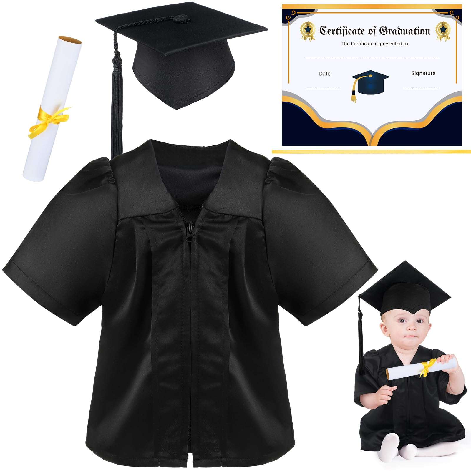 Cozypower Baby Graduation Cap and Gown for Infant Toddler Costume With Certificate for Preschool Nicu Gift(M(6-12 Months)) Black 1