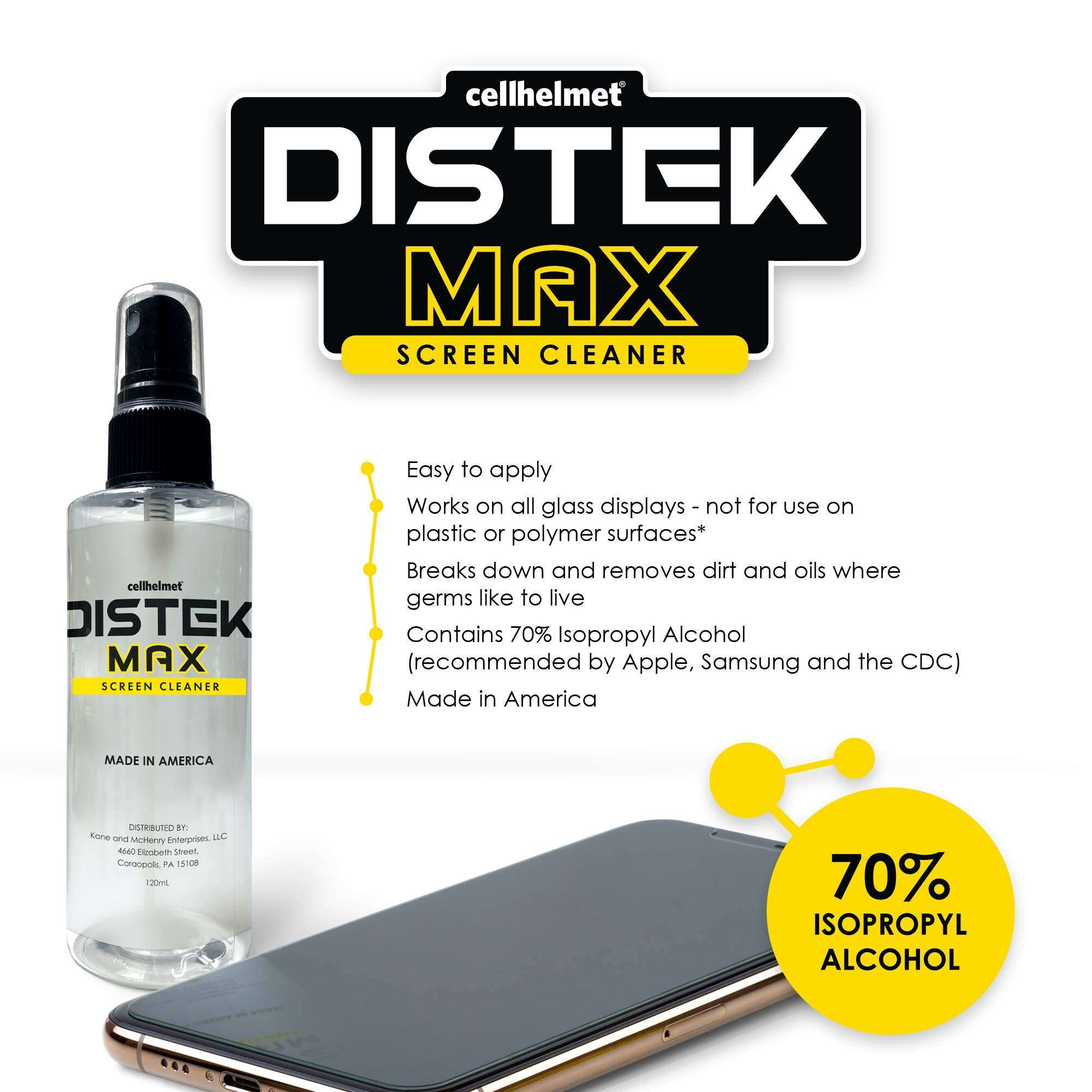 cellhelmet DISTEK Max Screen and Phone Cleaner Disinfectant with 70 Percent Isopropyl Alcohol 70% Universal for All Glass Displays, LCD - 120mL / 4oz with Microfiber Cloth - Made in USA 4