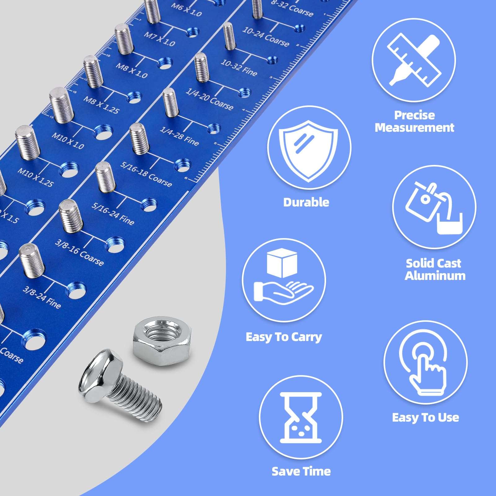 Gluwoer 28 Hole Bolt and Nut Thread Checker (14 Metric and 14 Standard) Bolt Size and Thread Specifications Bolt Nut Identifier can be Hung or Placed on A Table for Use (Blue) 4