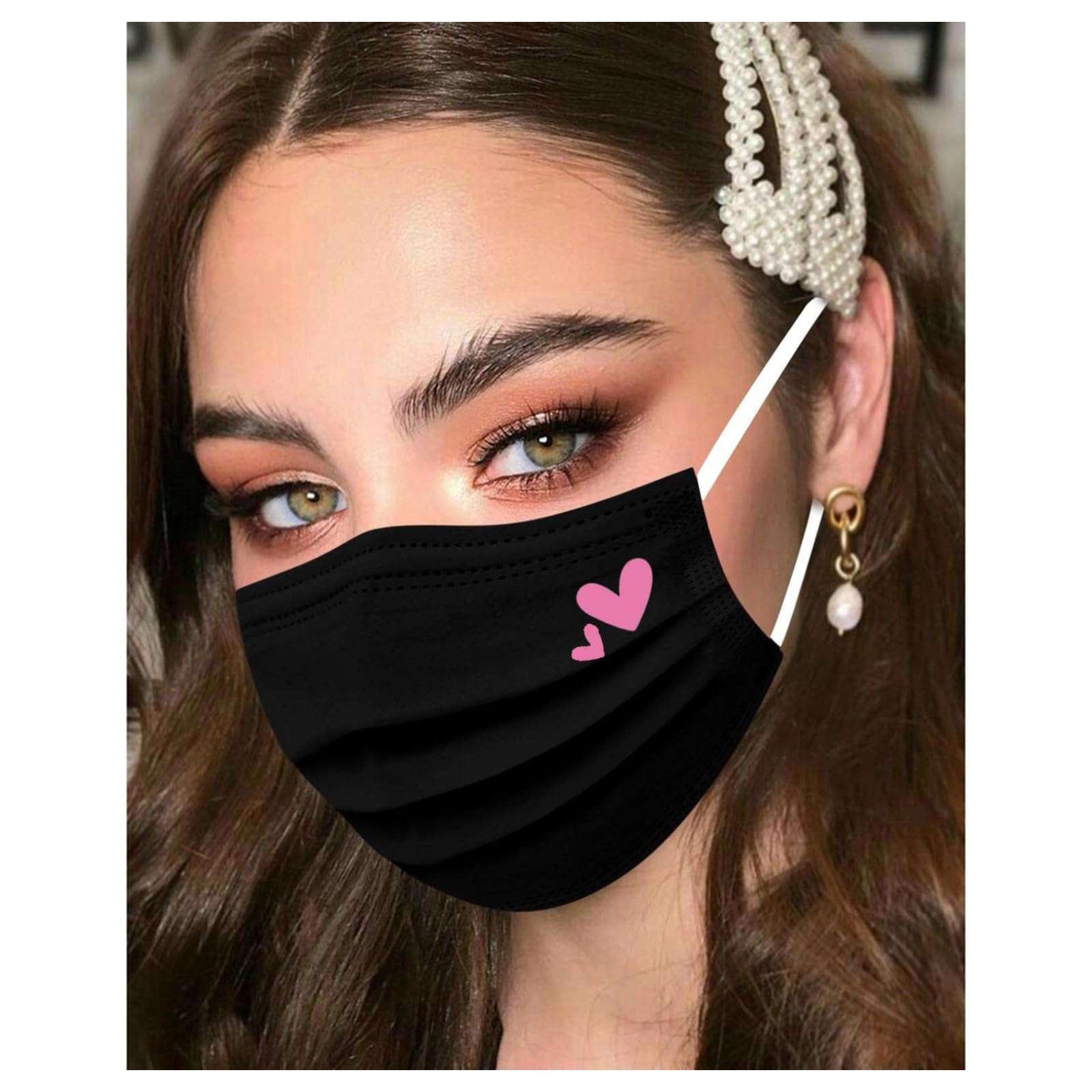 50Pcs Cute Pink Face Masks,Valentine Disposable Face Mask, Pink And Black Masks with Hearts Printed,3Ply Full Face Protection (A) 3