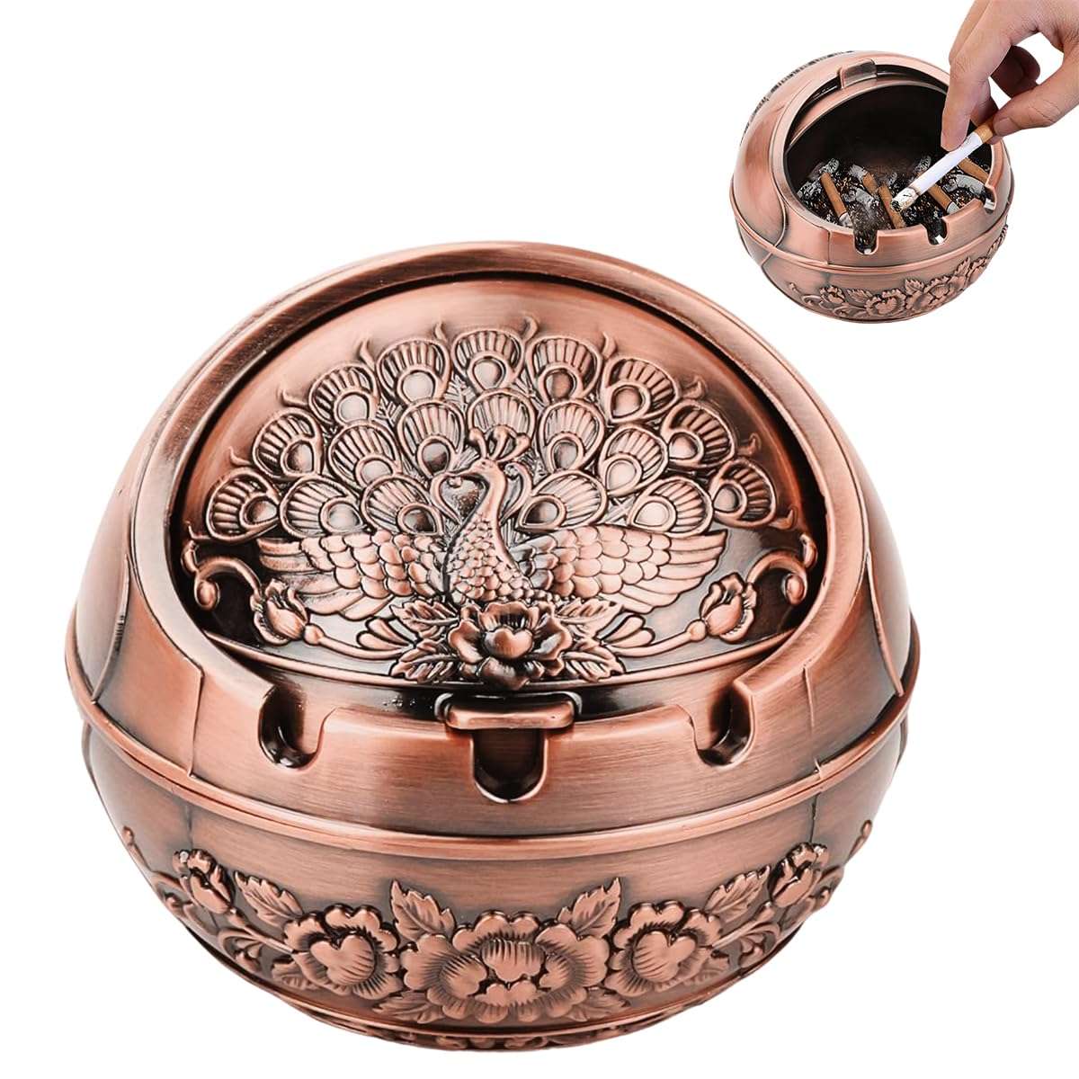 HASTHIP® Peacock Ashtray Retro Zinc Alloy Ashtray with Closing Lid Decorative Embossing Peacock Ashtry with 3 Cigarette Holder Grooves Home Gift Car Ashtry, 10x10x9cm