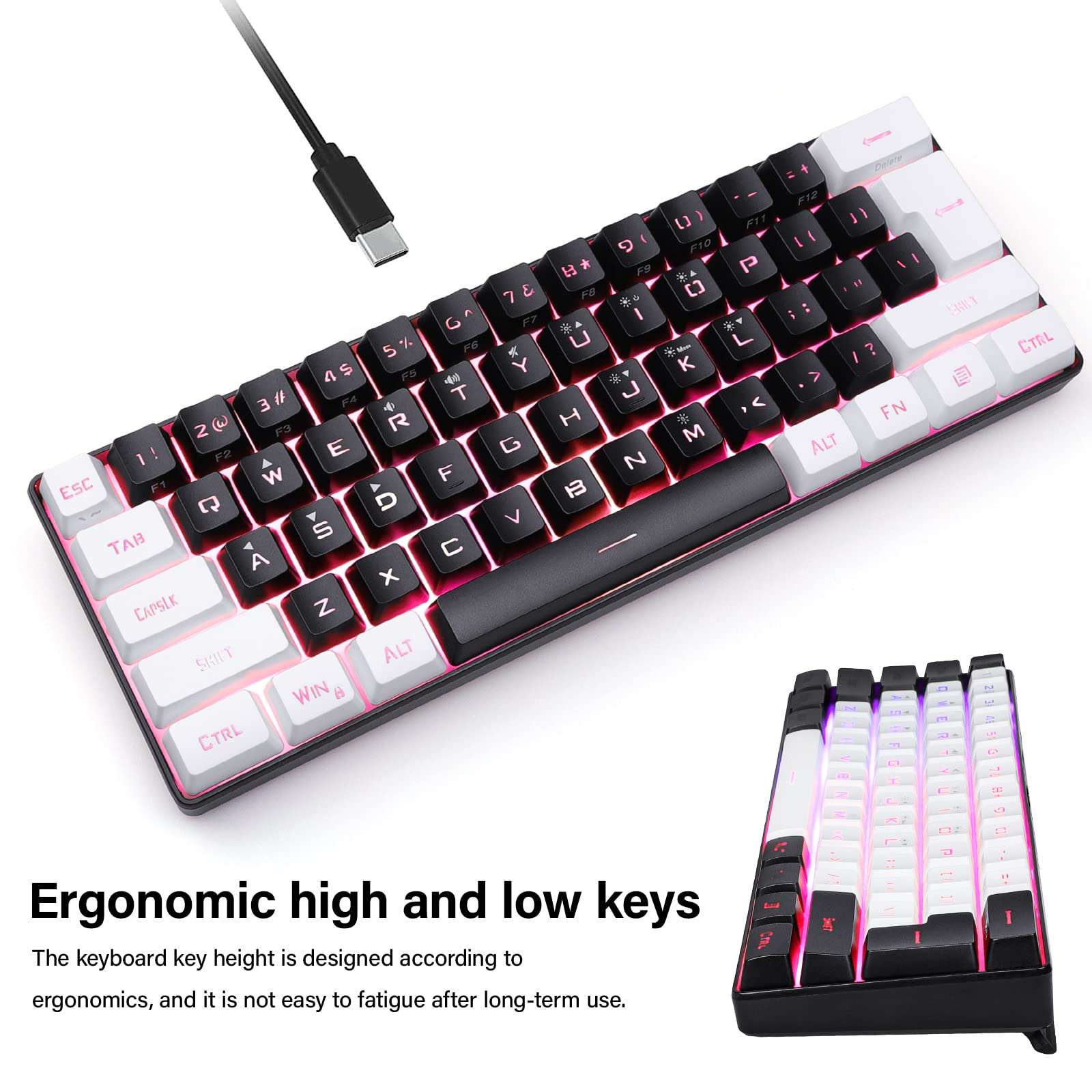 Denash Mini RGB Keyboard, Type C Interface Plug and Play Wired Keyboard DC 5V Mechanical Feeling 61 Keys for for Office (White) 5