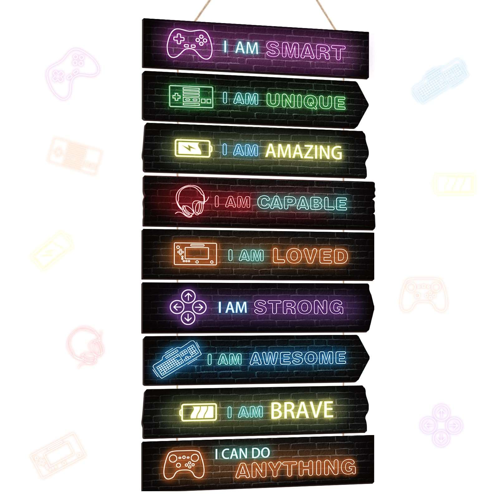 Chunful Set of 9 Boys Room Bedroom Decor Boys Inspirational Wall Decor Wood Hanging Plaque Motivational Kids Bedroom Wall Sign for Kids Teenage Toddler(Game)