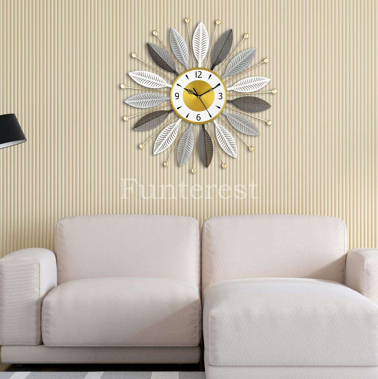 FUNTEREST Luxury Metal Wall Clock for Living Room | Decorative Sunburst Leaf Design Wall Clock | Silent Quartz Movement | Modern Home & Office Décor (55X55 Cm) (Gold, Grey & Brown) 4