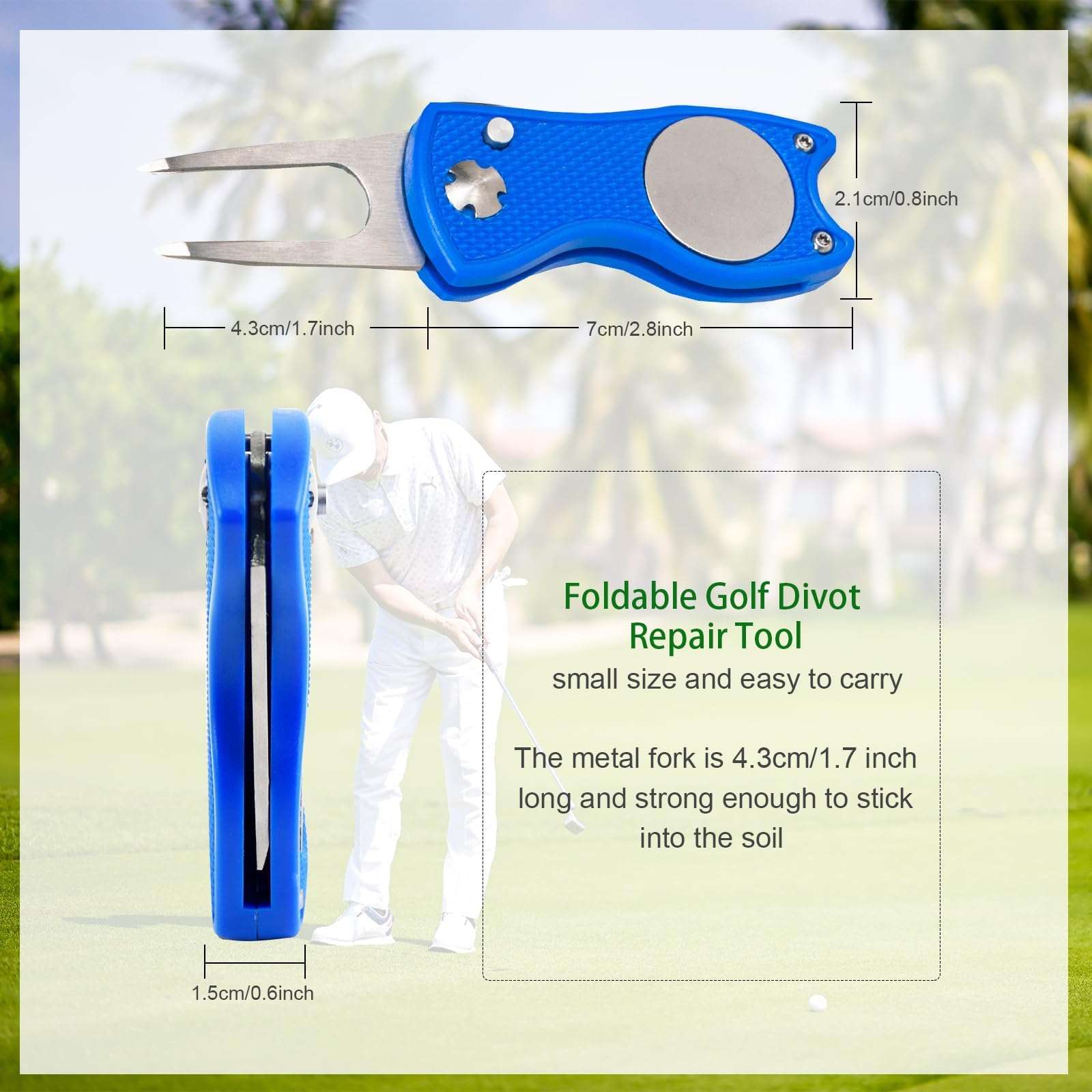 2 Pack Foldable Golf Divot Repair Tool Golf Divot Tool with Magnetic Button Ball Marker Divot Tool and Ball Marker for Golfers (2, White+Blue) 3