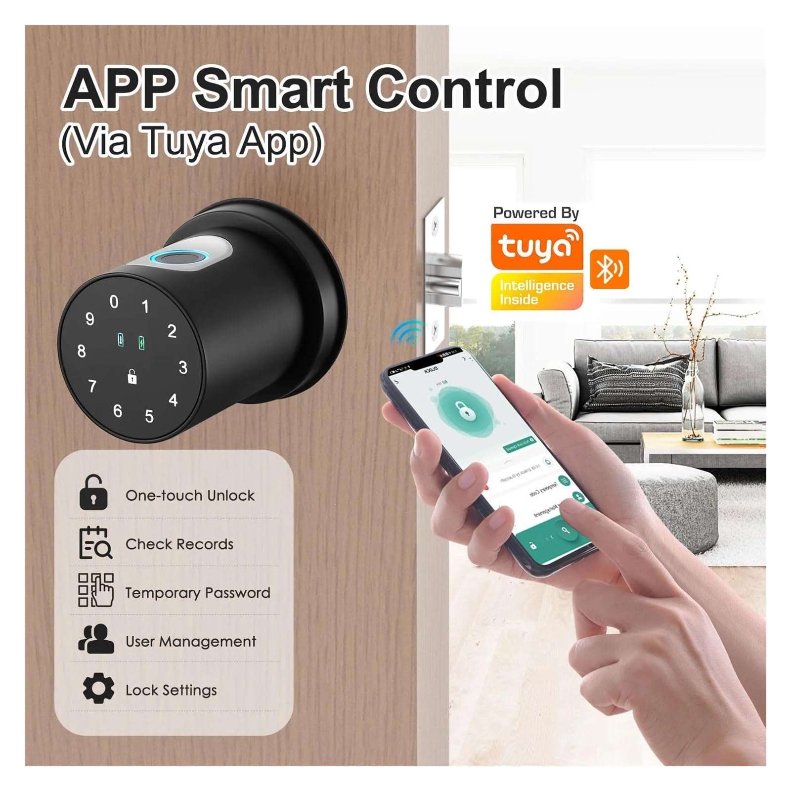 KIEEQGAK Smart Knob Fingerprint Door Lock，4 in 1 Keyless Entry Door Knob Lock，with Handle APP/100 Fingerprints/IC Cards/Passcode 4