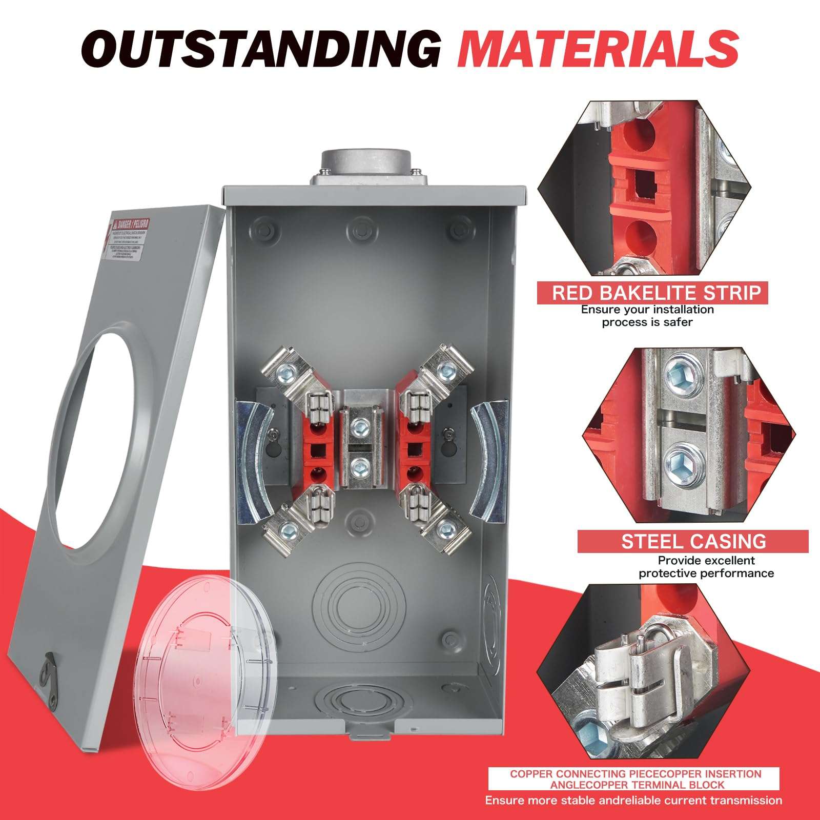 200 Amp Meter Socket, 1 Phase 4 Jaw, 600V 3 Wire Ringless Type, with Horn Bypass Meter Cover Plate, Suitable for Overhead/Underground Feed 4