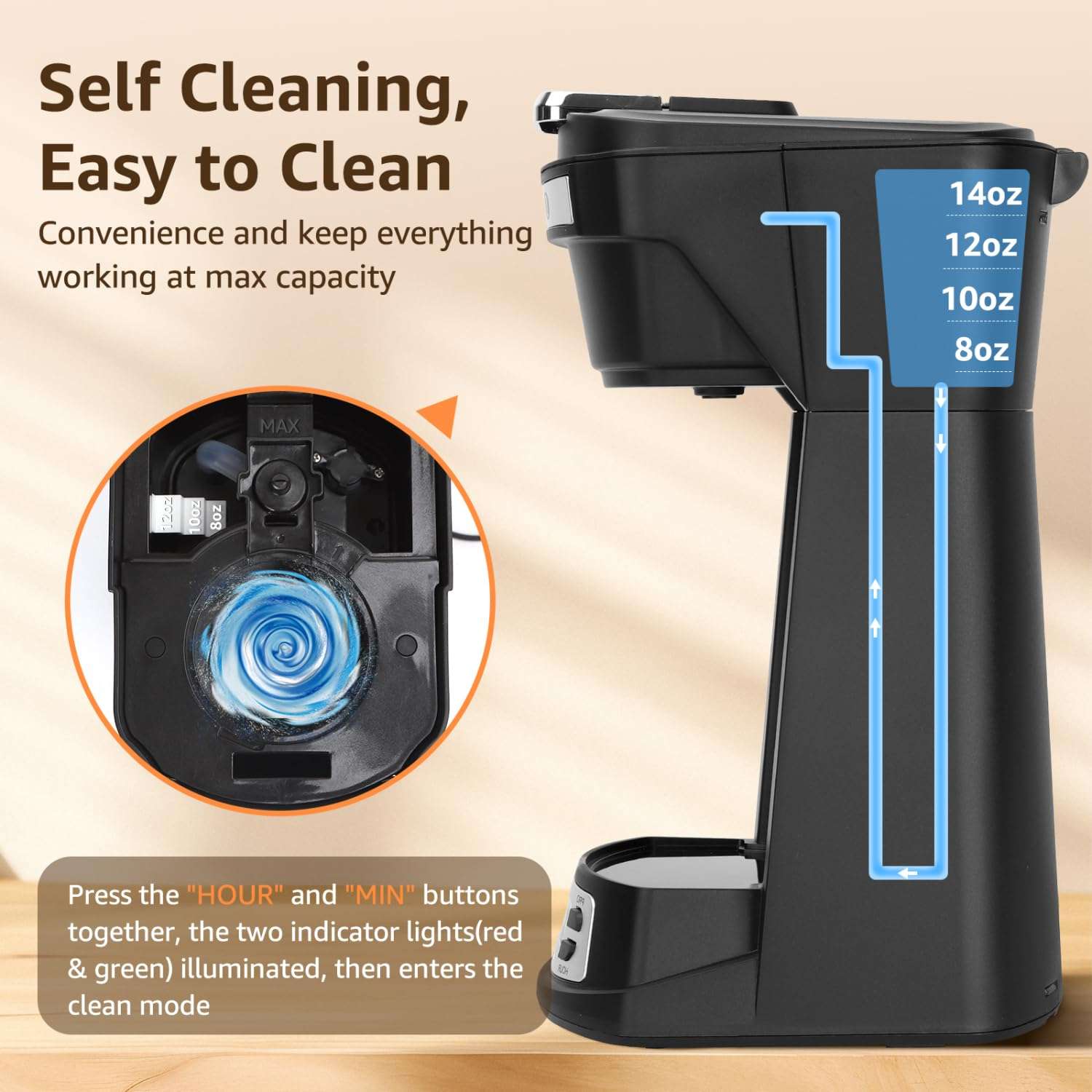 Aigostar Single Serve Coffee Maker for K Cup and Ground Coffee, 24H Timer, 6 to 14 Oz Brew Sizes, Single Cup Coffee Maker with Self-Cleaning, Fits Travel Mug, Fast Brewing Capsule Coffee Machine,Black 6