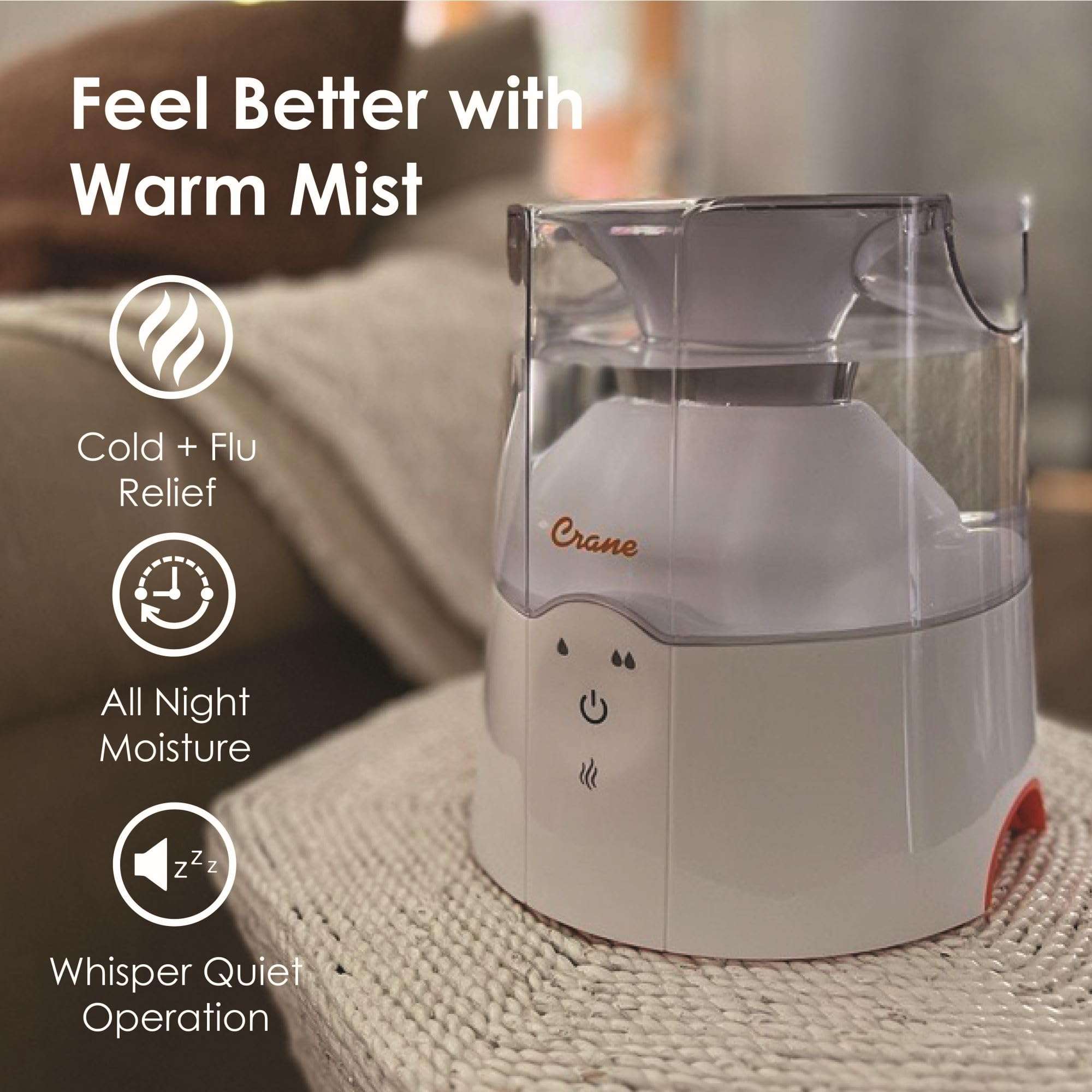 Crane Warm Mist Humidifier, Warm Mist Humidifiers For Bedroom, 1.9L Tank, Vaporizer For Congestion, Steam Humidifier, Humidifiers For Bedroom Warm Mist, Bedside Humidifier, Vapor Pad Included 5