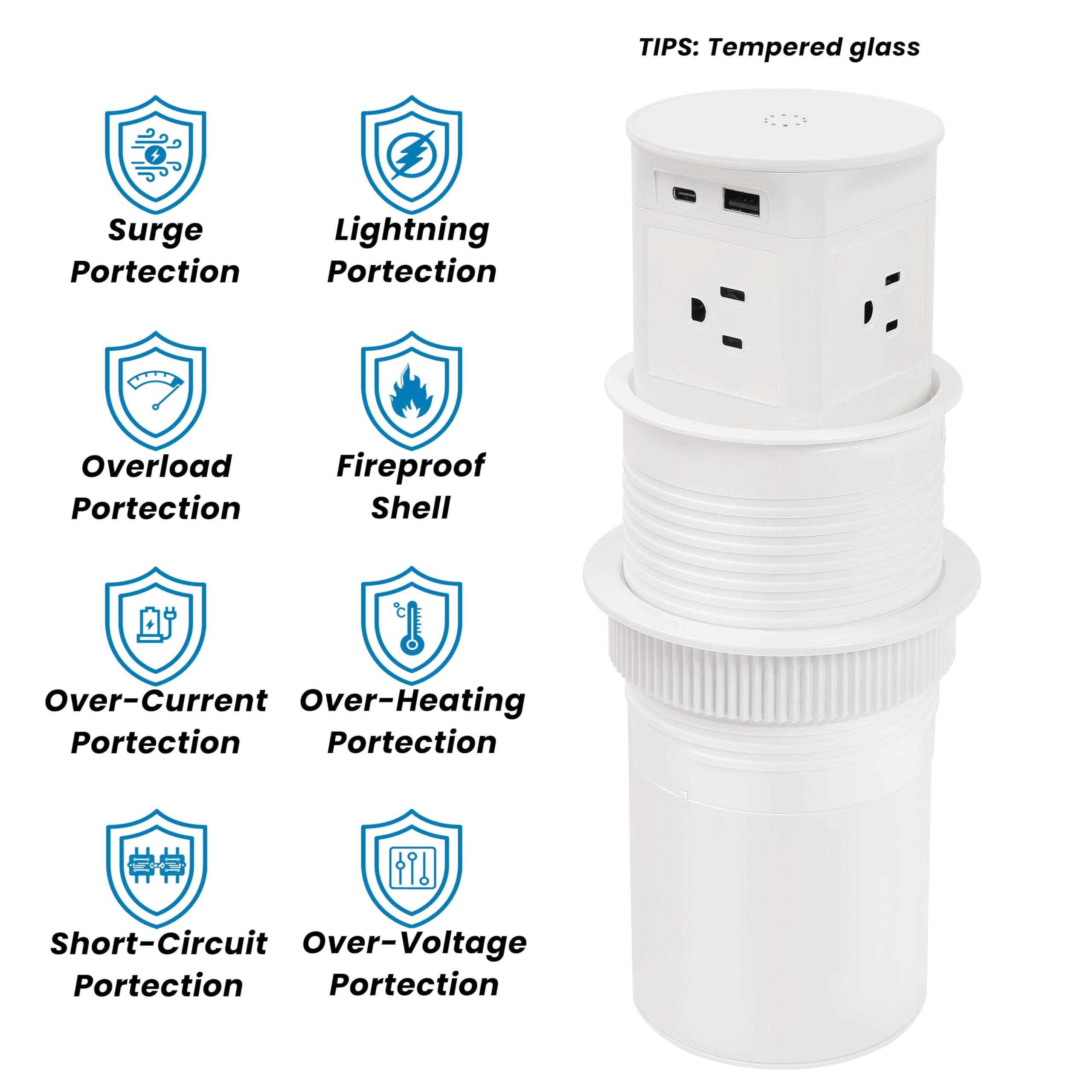 Pop Up Outlet for Countertop, 15W Wireless Charger, 4 Outlets, 1 PD20W USB-C, 1 QC18W USB-A, 3.94 in Desk Hole Power Grommet 3