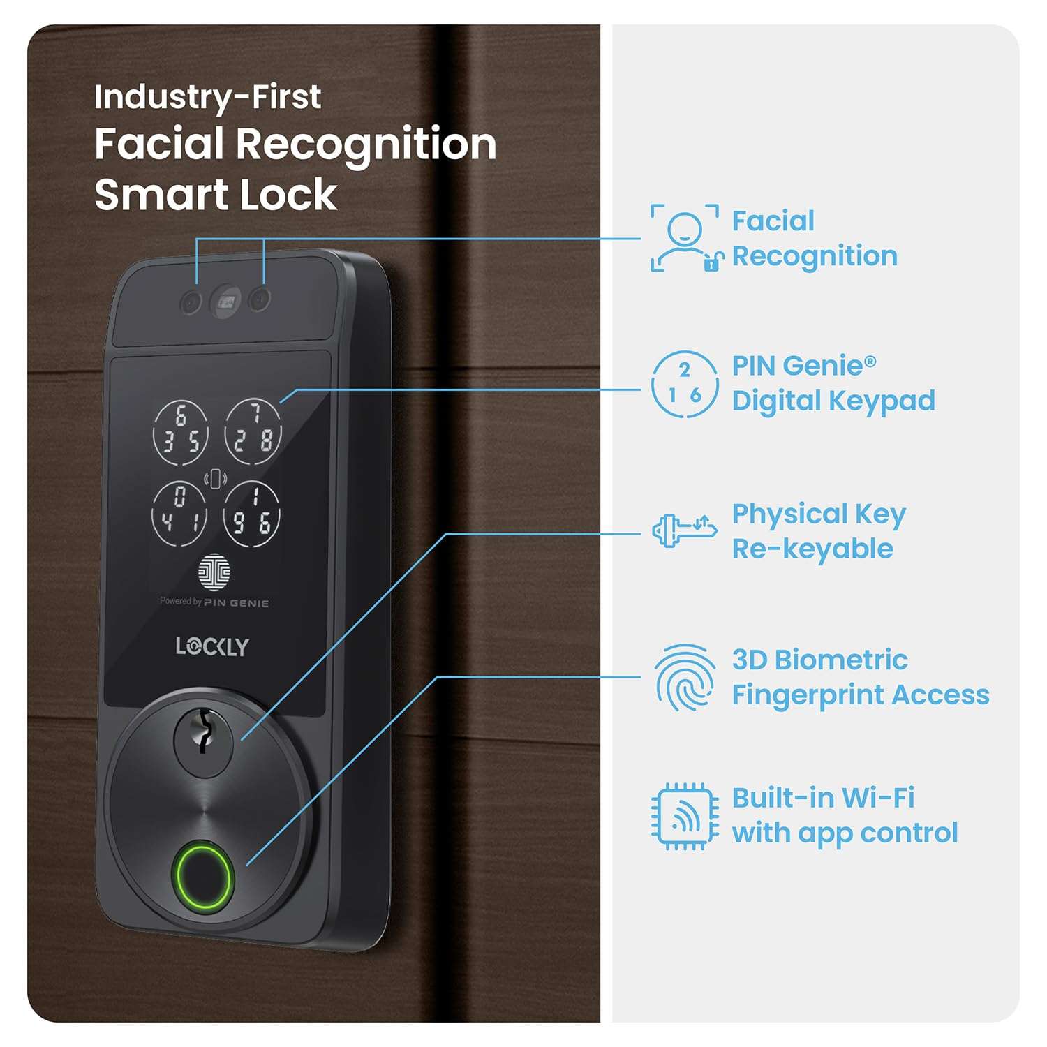 Lockly Visage Zeno Series Smart Lock, Facial Recognition & Fingerprint Keyless Entry Door Lock, Built-in Wi-Fi Deadbolt with Apple Home Key, PIN Genie Keypad, App Remote Control (Matte Black) 3