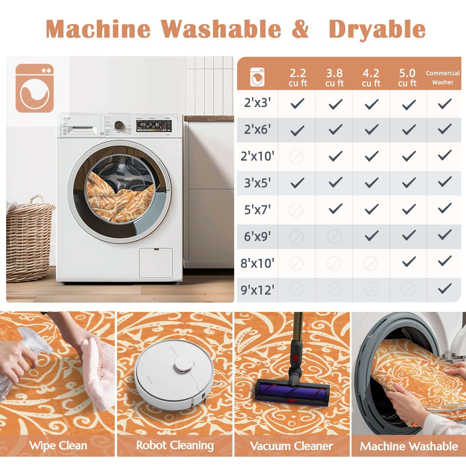 Jinchan Halloween Accent Rug - 2x5 Foldable Soft Indoor/Outdoor Vintage Dark Orange Print Floral Retro Carpet Mat for Kitchen, Living Room, Bedroom 6