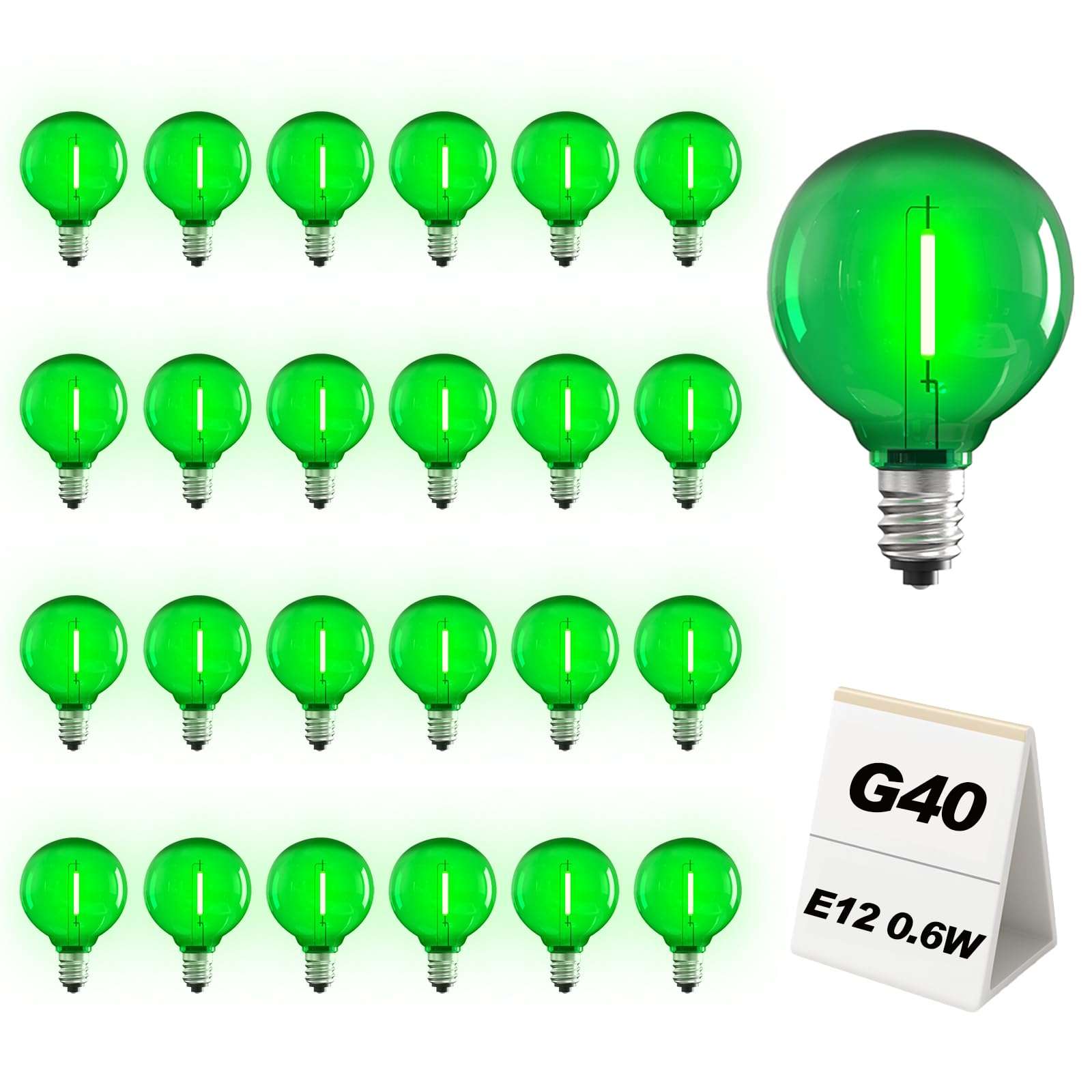 25 Pack Green G40 LED Bulbs, Commercial Grade E12 Base Replacement Bulbs for Outdoor Patio String Lights - 0.6W LED Globe Light Bulb (5W Equiv), Shatterproof Plastic for Holiday & Events (120V) 1