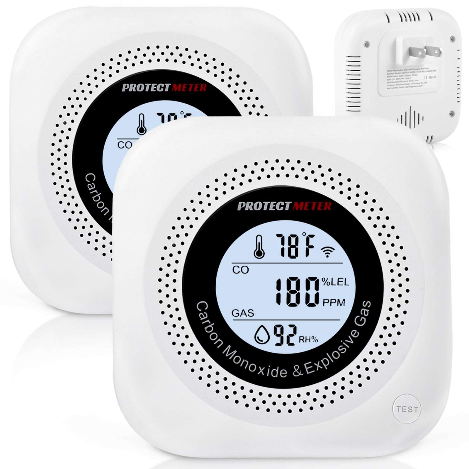 Carbon Monoxide Detectors, 2Pack 4-in-1 Natural Gas Leak Detector & Temperature/Humidity Monitor 2