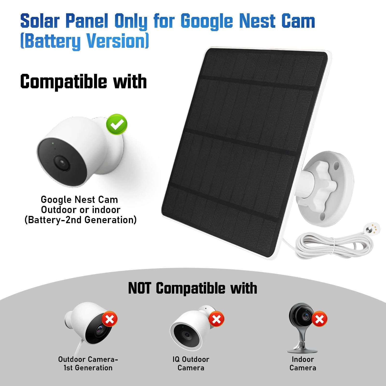 Solar Panel for Google Nest Camera 2 Pack, 5W 5V Solar Panel Charger Compatible with Google Nest Camera Outdoor & Indoor (Battery Version), 9.8ft Cable, IP65 Waterproof, 360° Adjustable Bracket 3