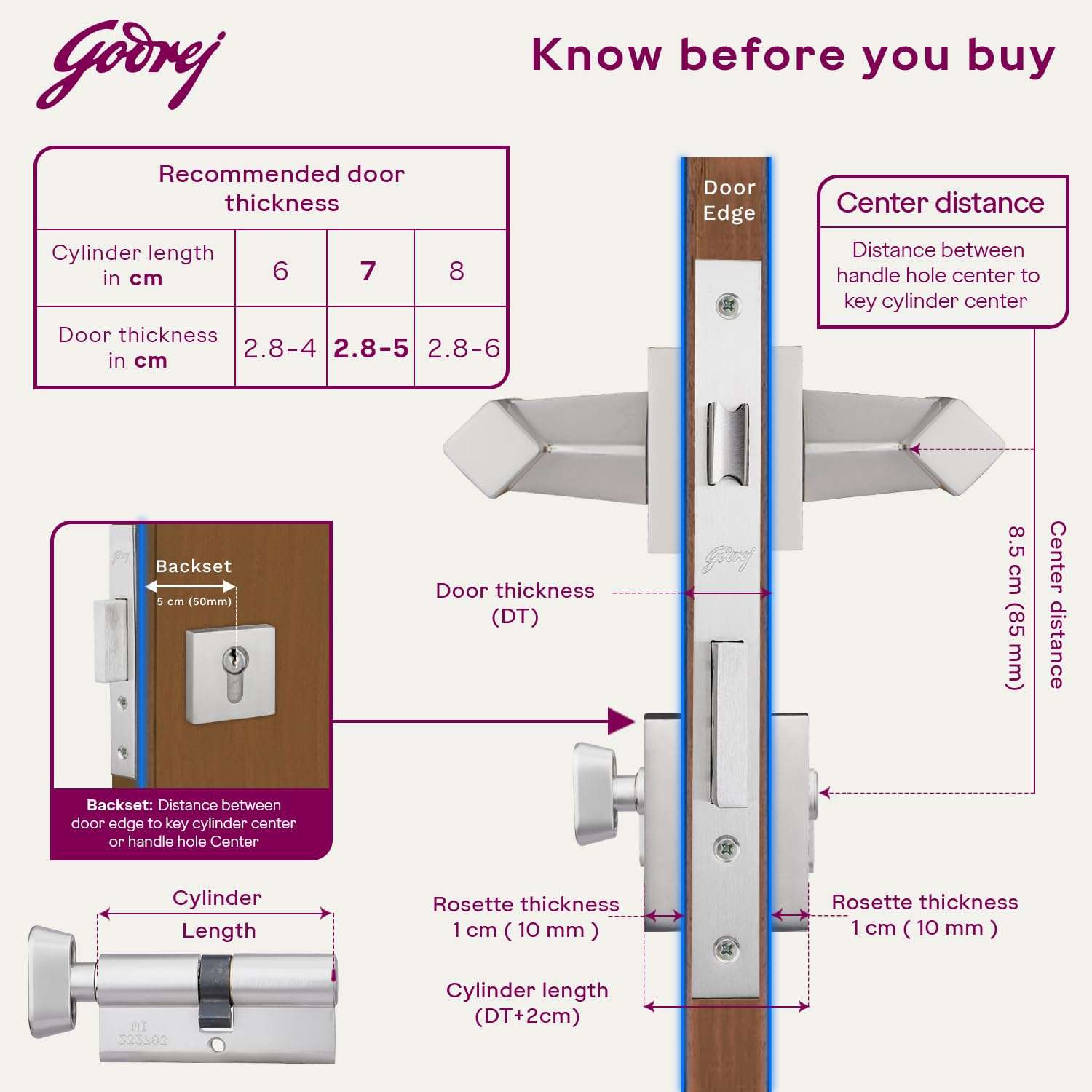 Godrej Mortise Lock|Handle Lock Set for Main & Bedroom Door|HDH 08 Rossette Home Décor Handle|Satin Steel Finish|9 Inch Lockbody|70 mm 1CK Cylinder - Knob from Inside & 3 Keys |5 Years Warranty 5