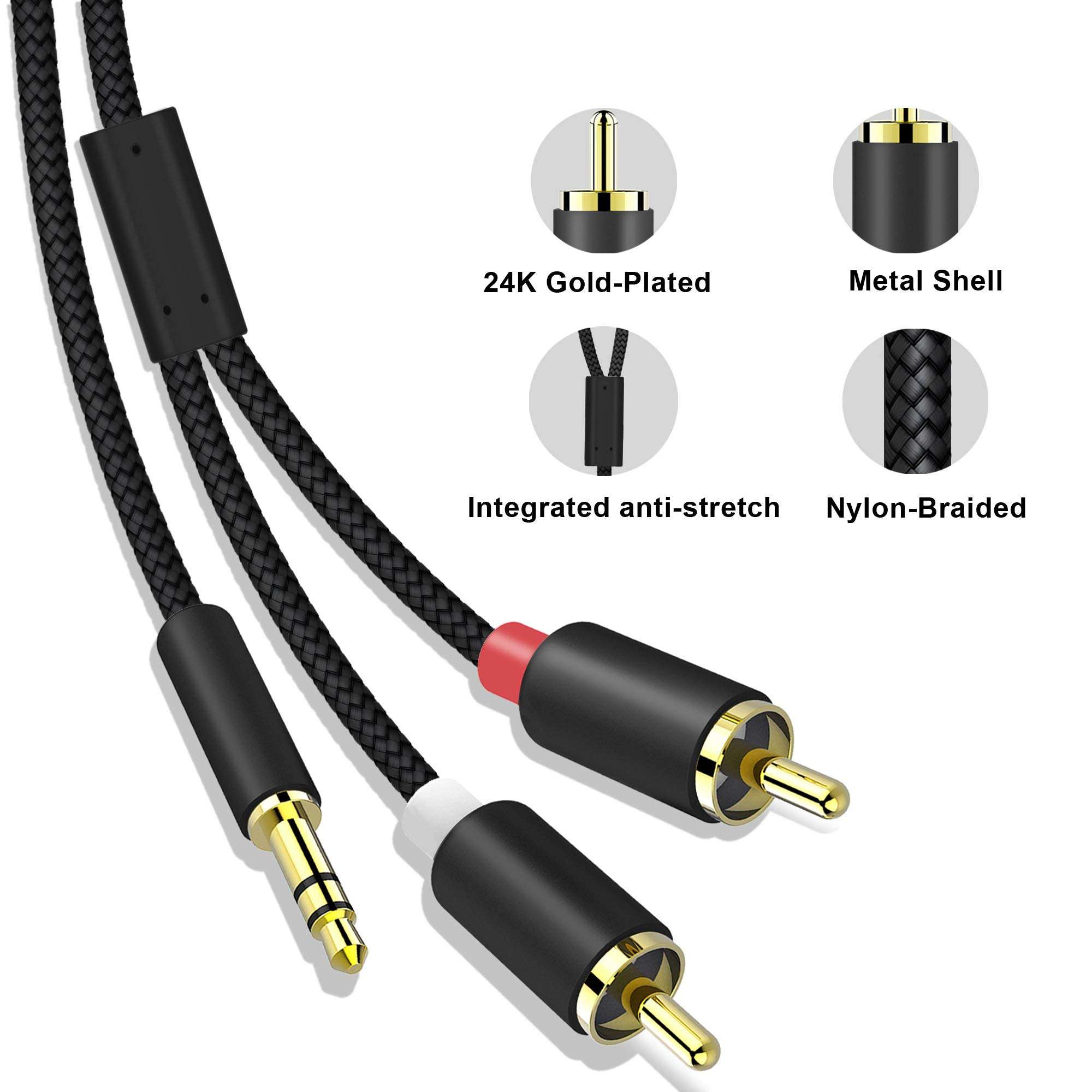 3.5mm to RCA Cable, Braided 3.5mm Male to 2 RCA Male Auxiliary Stereo Audio Y Splitter Gold-Plated AUX Stereo Cable for Headphones Smartphones, MP3, Tablets, Speakers, Home Theater, HDTV 4