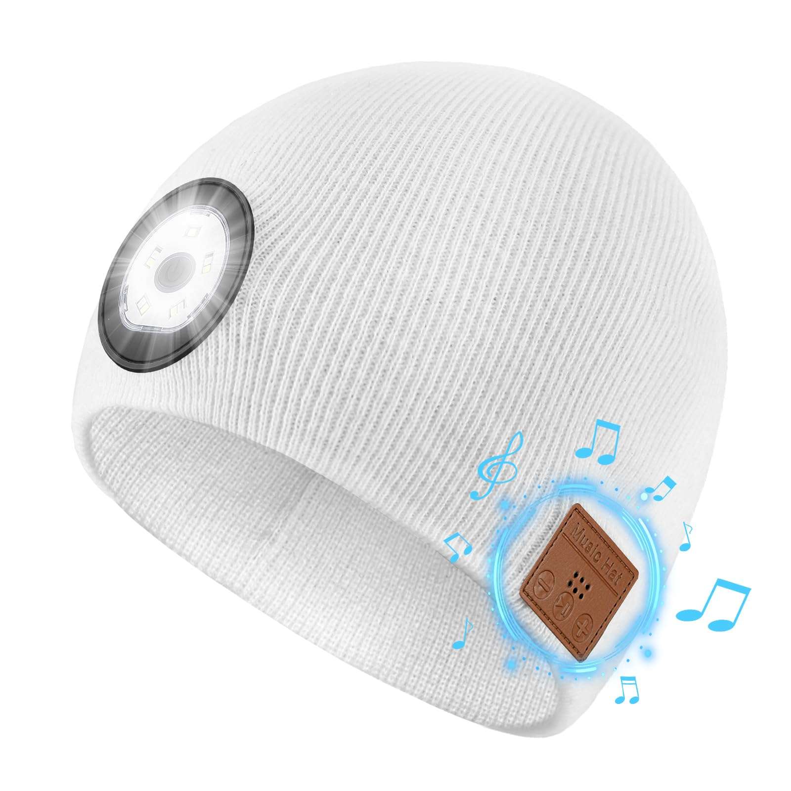 TOUCH TWO Bluetooth Beanie Hat with LED Light Wireless Musical Knitted Cap with Headphone Stereo Speakers & Mic for Running Hiking Jogging White