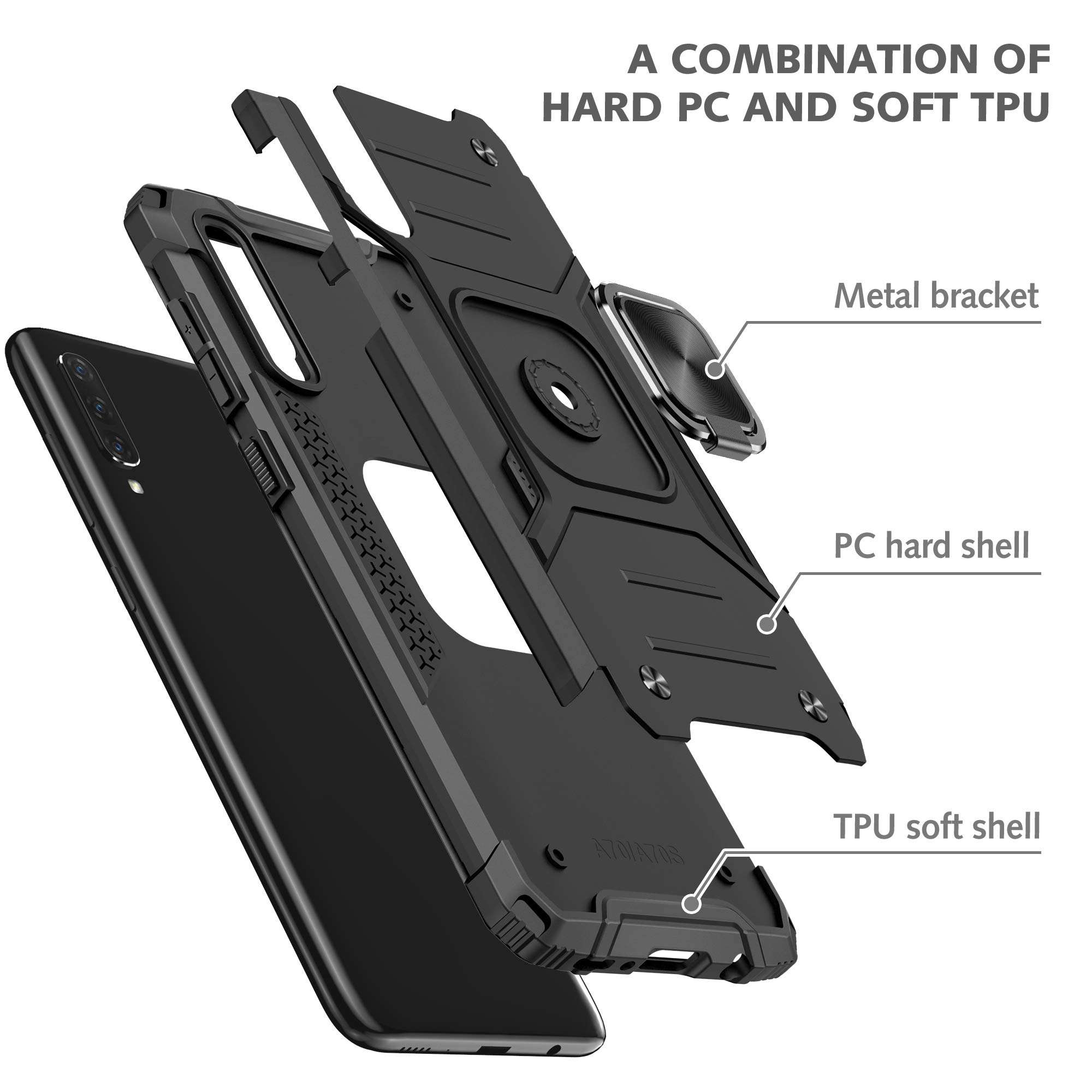 YmhxcY Galaxy A70 Case Samsung A70S Case with Tempered Glass Screen Protector[2 Pack], Armor Grade with Rotating Holder Kickstand Non-Slip Hybrid Phone Case for Samsung Galaxy A70-Black 3