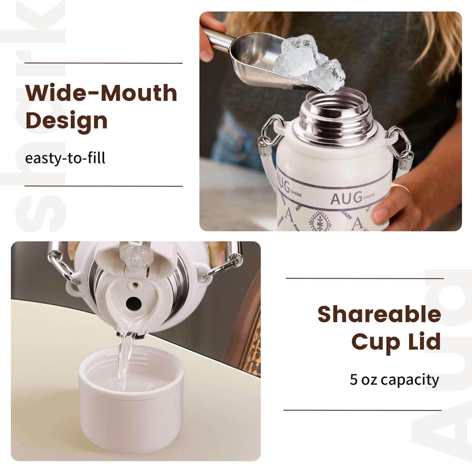 Augshark Insulated Tumbler with Straw, 32 oz Swig Sip Insulated Water Bottle with a Sharing Cup Lids, Leak Proof Double Wall Vacuum Stainless Steel Water Flask Jug with Handle, Keep Cold 24H, Non-BPA 6