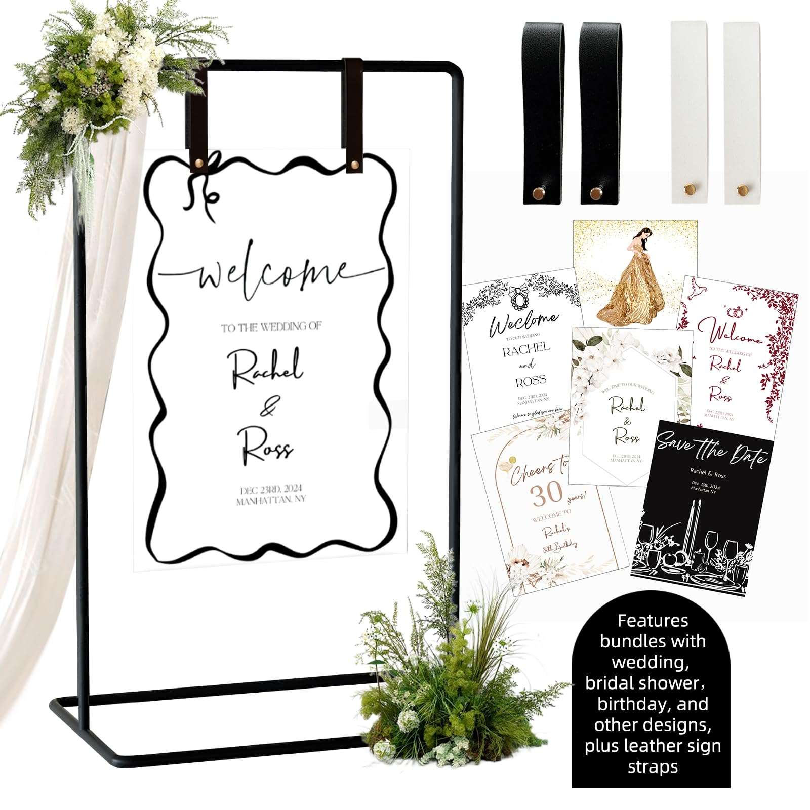 Wedding Sign Holder, Adjustable Welcome to Our Wedding Sign Stand W/Design Bundle & Leather Sign Hanging Straps, Heavy Duty Easel Stand for Sign, Wedding Seating Chart Stand, Easel for Display (Black) 1