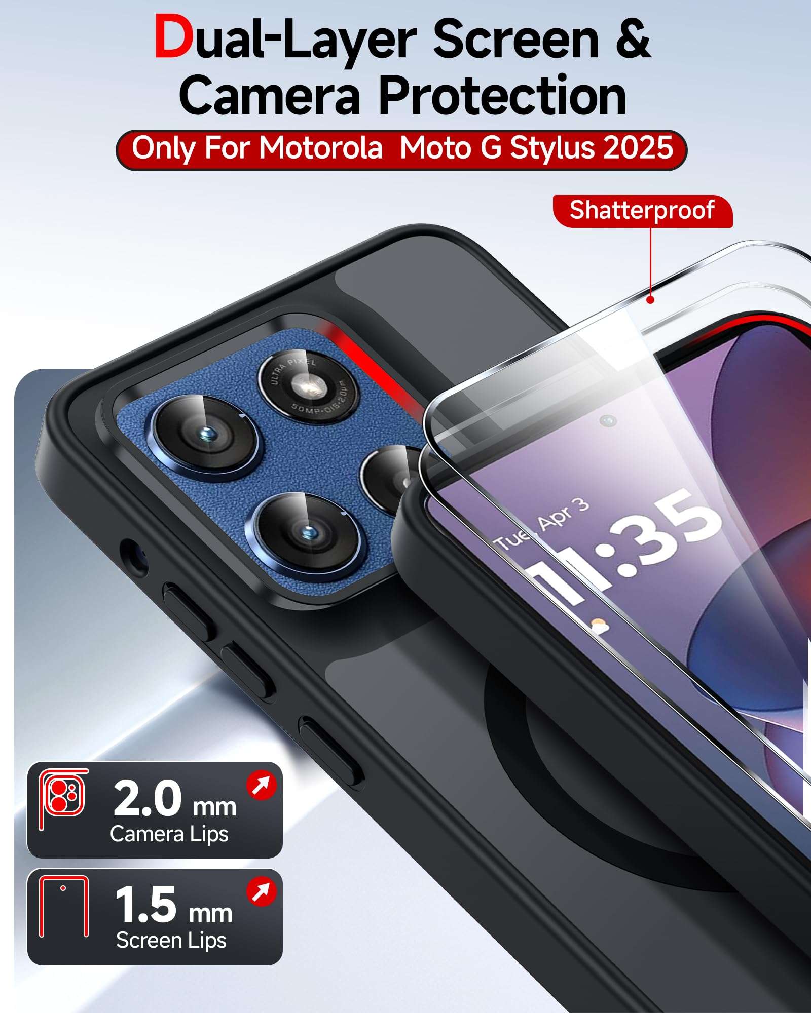 LeYi for Moto G-Stylus-2025 Case: Motorola G Stylus 2025 Case [Mag-Safe Fit] with 2X Screen Protector, Raised Camera Guard Matte Translucent Slim Translucent para Moto G Stylus 2025 Phone Case, Black 5