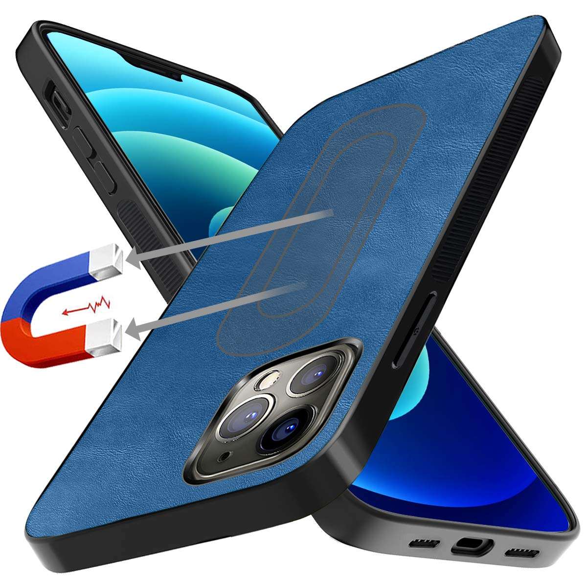 Neeliup Compatible with iPhone 12/12 Pro Magnetic Case, [Invisible Metal Plate Support Magnetic Car Mount][Premium PU Leather] Soft Silicone Bumper Ultra Slim Shockproof 6.1" Cover-Sky Blue 1