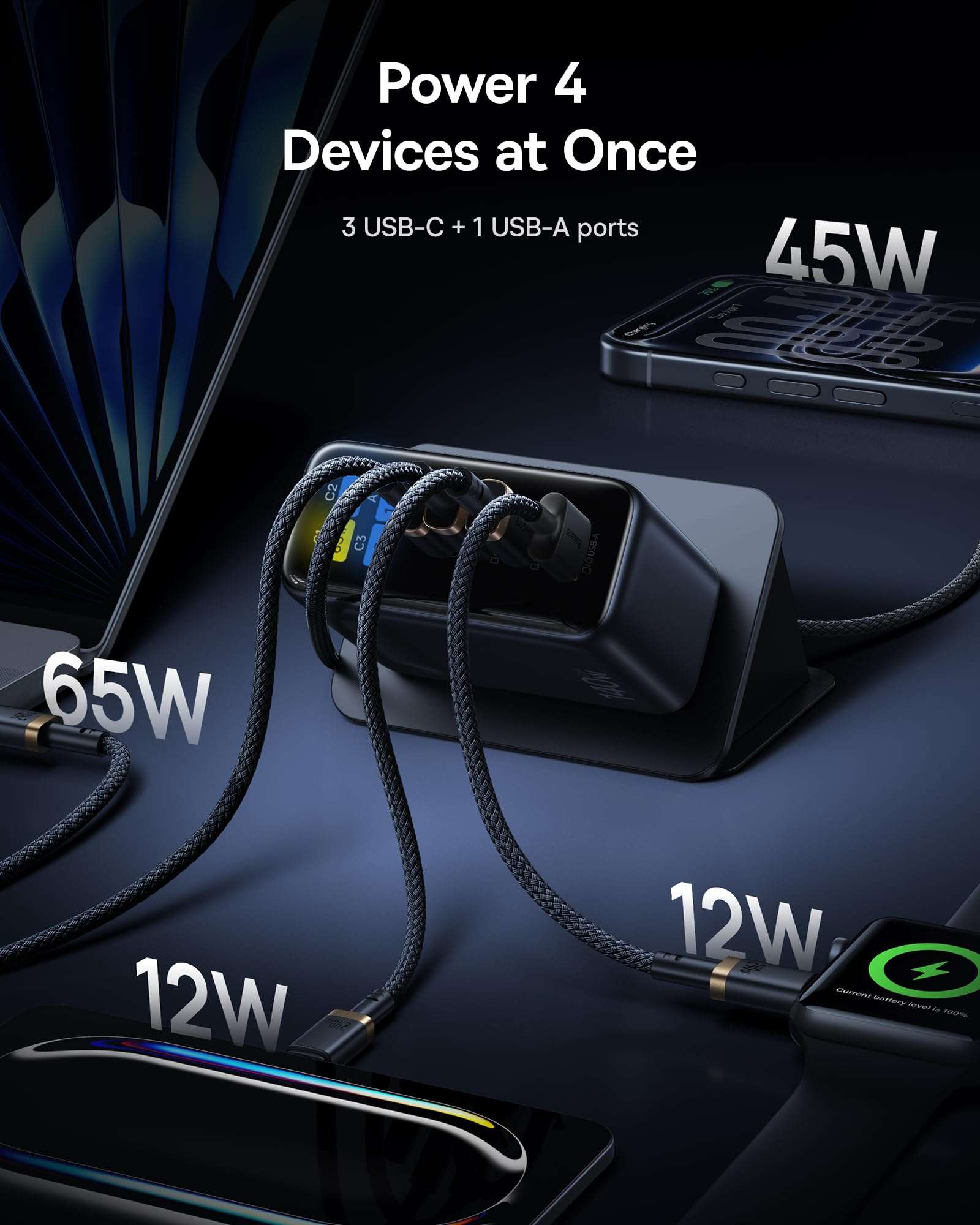 Baseus Picogo 140W USB C Charger, 4-Port Multi-Device Fast Charging Laptop Charger with Smart Display & Touch Control, GaN Power Adapter for MacBook Pro, iPhone 17/16, Pixel, Steam Deck 5