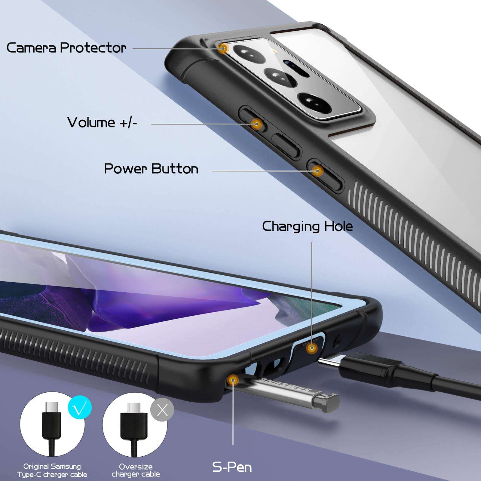 Temdan for Samsung Galaxy Note 20 Ultra Case, Built-in Screen Protector Full Body Heavy Duty Shockproof Case Support Wireless Charging for Samsung Galaxy Note 20 Ultra 6.9 inch 2020(Blue/Black) 4