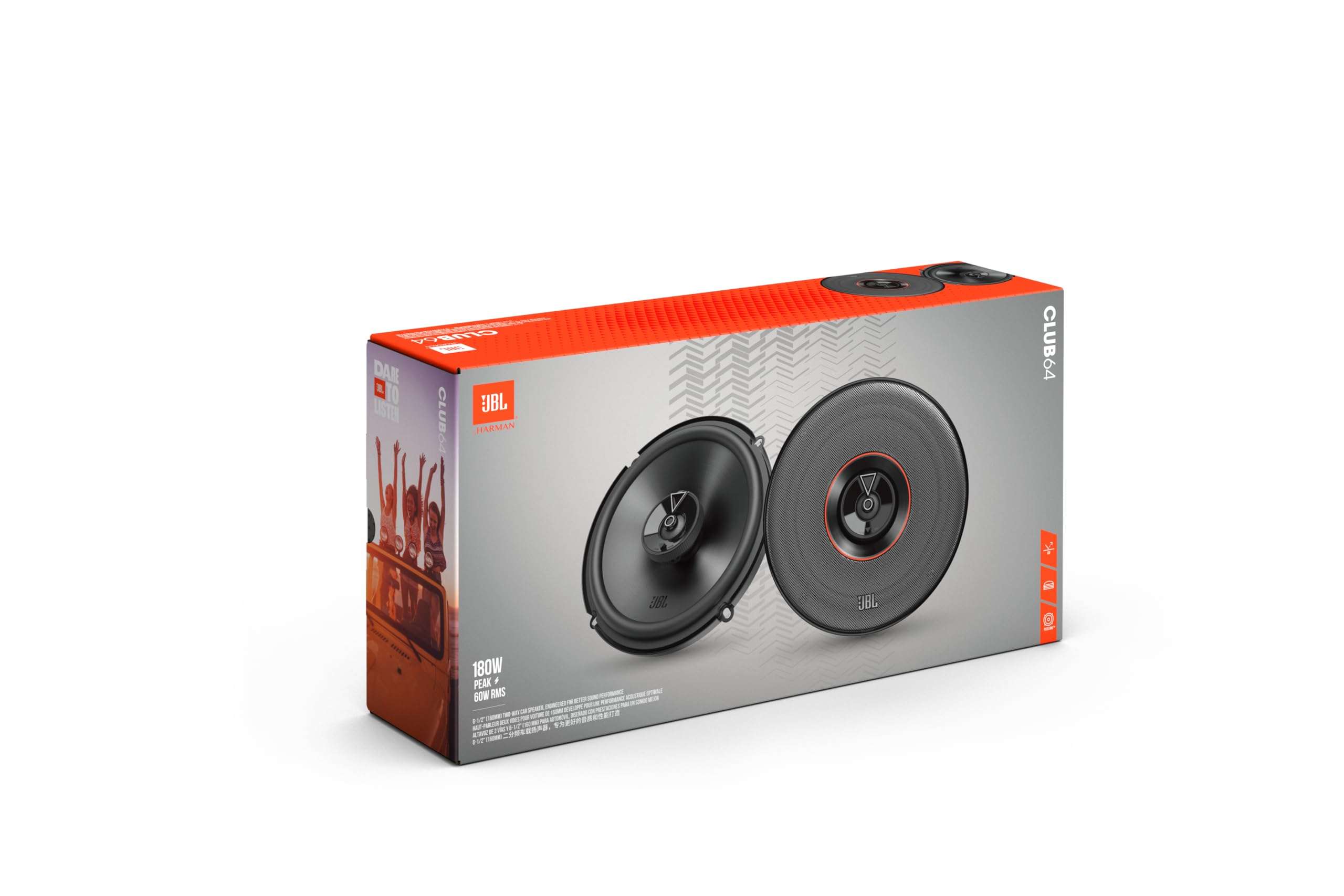 JBL Club 64-6-1/2" (160mm) Two-Way Car Speaker, 60W RMS, 180W Peak, Sensitivity (@ 2.83V): 93dB, Frequency Response: 48Hz – 21kHz, Nominal Impedance: 3.0 ohms 6