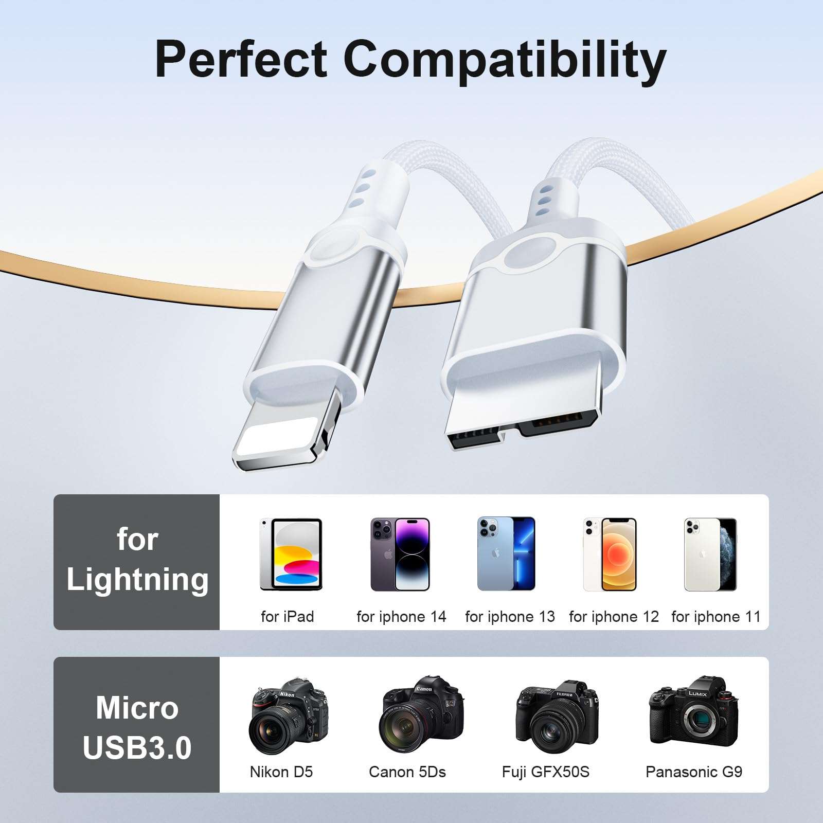 APAPATEK for Lightning to Micro B USB 3.0 OTG Cable for Camera Canon 5D/1DX2/1DC/7D2, Nikon D5/D8 Series, Fuji GFX50S/X-H1/X-T2. Import Photos, Videos for iPhone 14/13/12/11, 3.3ft - for Camera Only 6