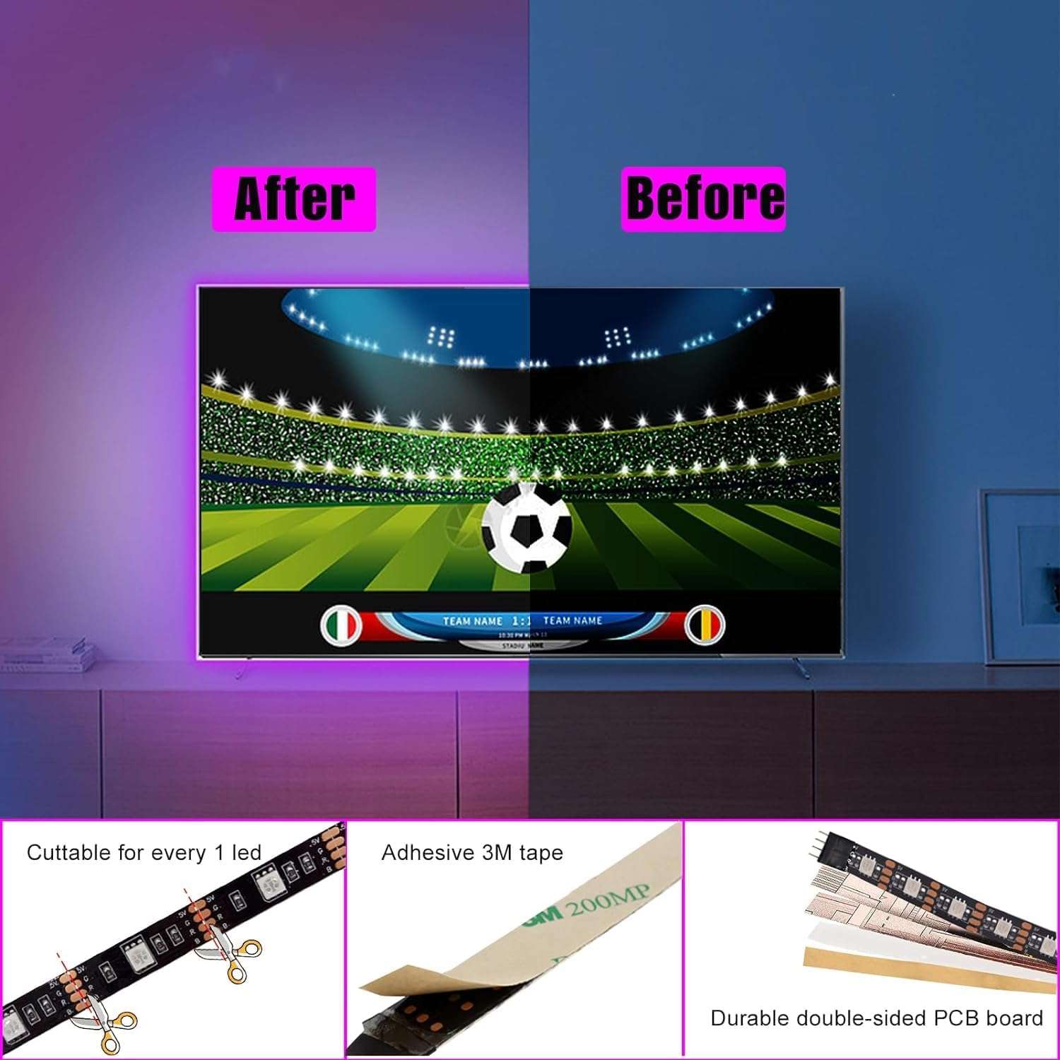 One94Store RGB LED Strip Light 3 Meter USB Powered 5V Flexible Color Changing LED Light with Mini Controller for TV Backlight, Gaming Desk, PC, Monitor, Mirror (for 32-40" inch Tv'S) 3