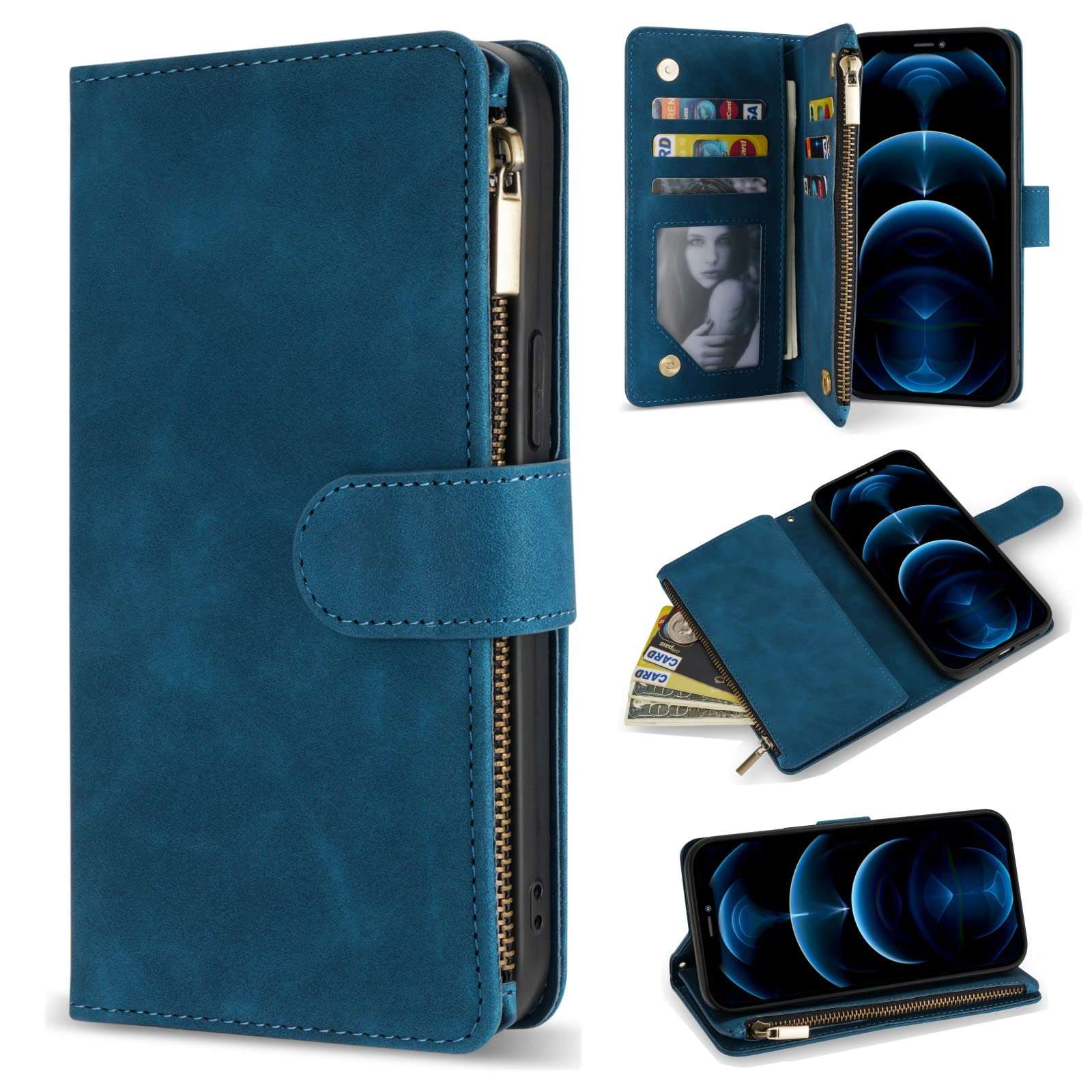 ZZXX for iPhone 12 Pro Max Wallet Case with Card Slot Premium Soft PU Leather Zipper Flip Folio Wallet with Wrist Strap Kickstand Protective for iPhone 12 Pro Max Case Wallet(Blue 6.7 inch) 1