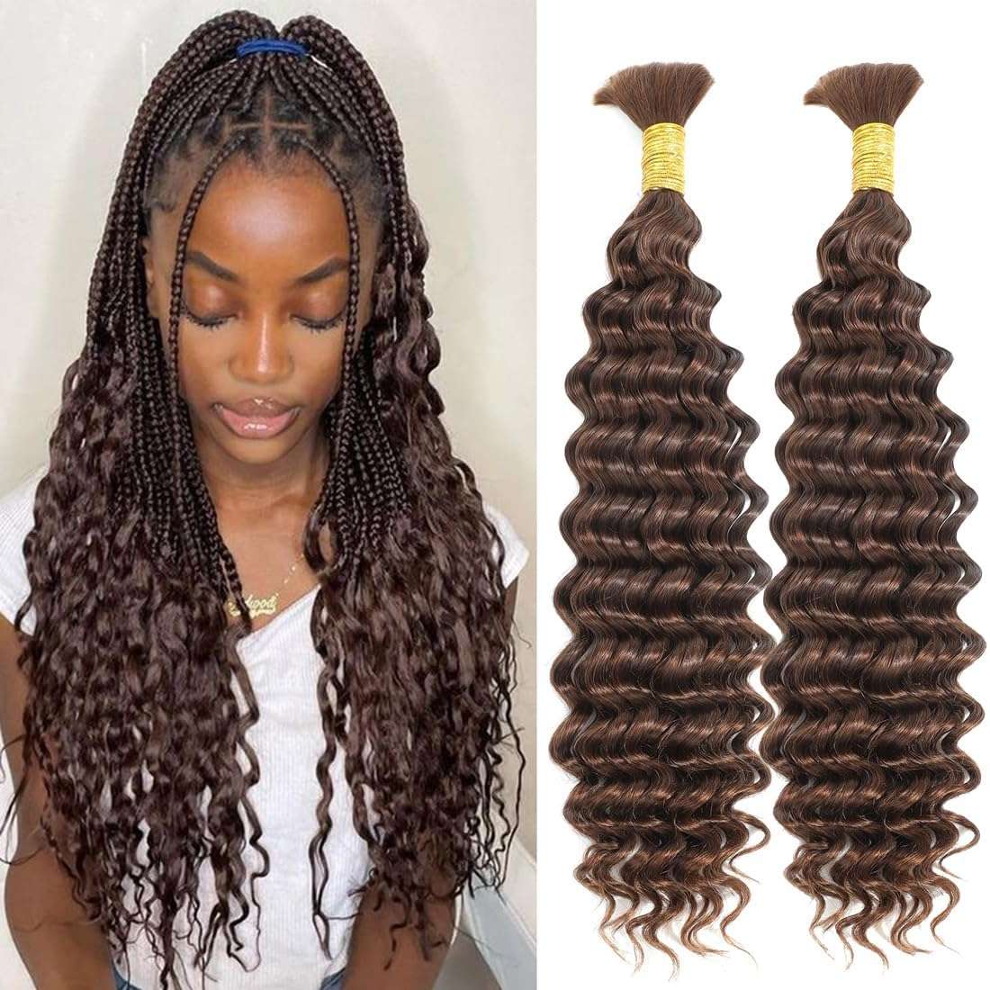 Leruikair Color 4 Chocolate Brown Deep Wave Bulk Human Braiding Hair 50g Per Bundle 2 Pcs Total 100g 20 Inch Brazilian Virgin Bulk No Weft Braiding Human Hair for Black Women