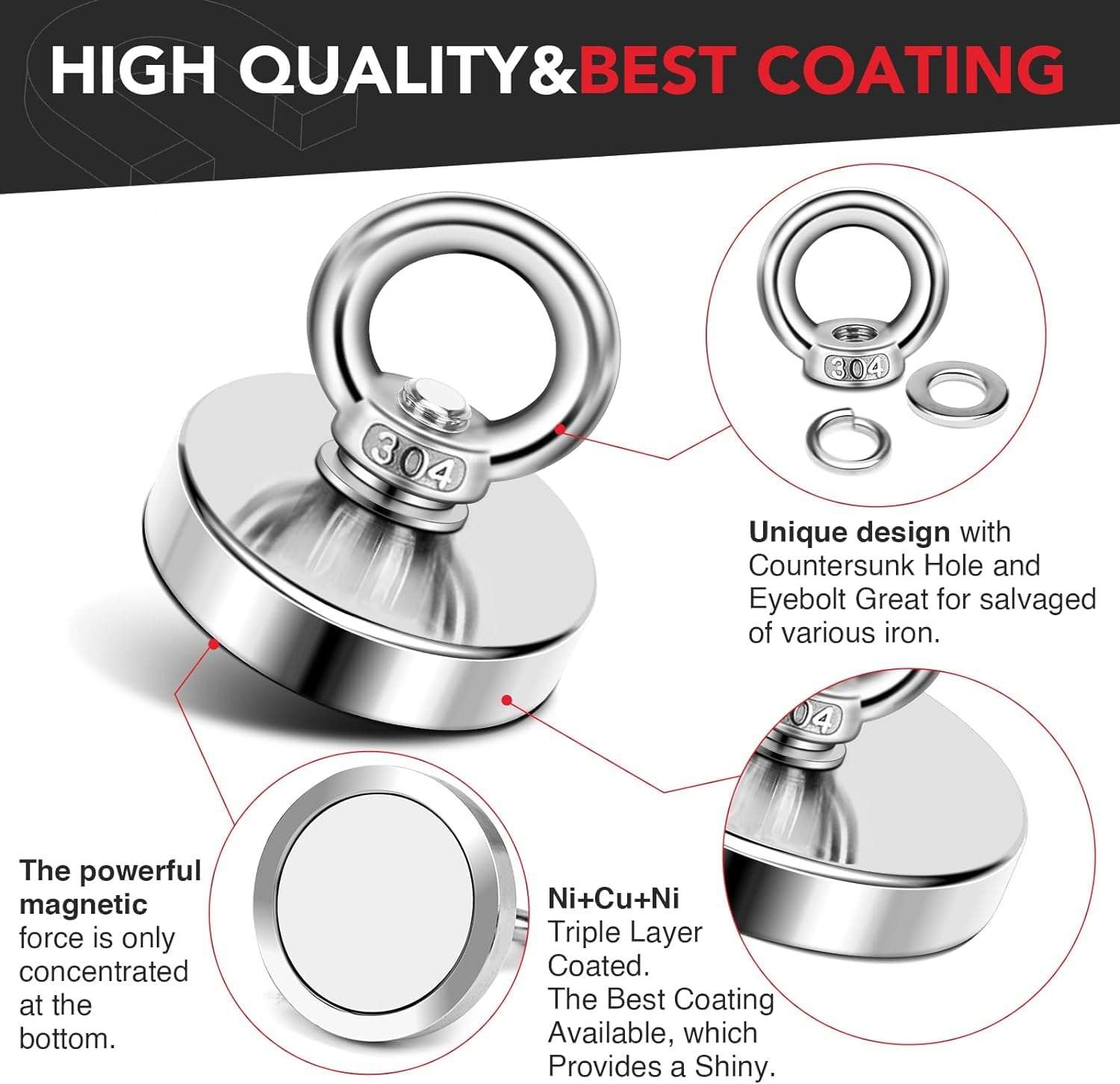 ALEAF 1 Piece of 32mm Super Strong Neodymium Fishing Magnets, 20-32 Kgs Vertical Pulling Force Rare Earth Magnet with Hole Eyebolt Diameter for Retrieving in River and Magnetic Fishing 3