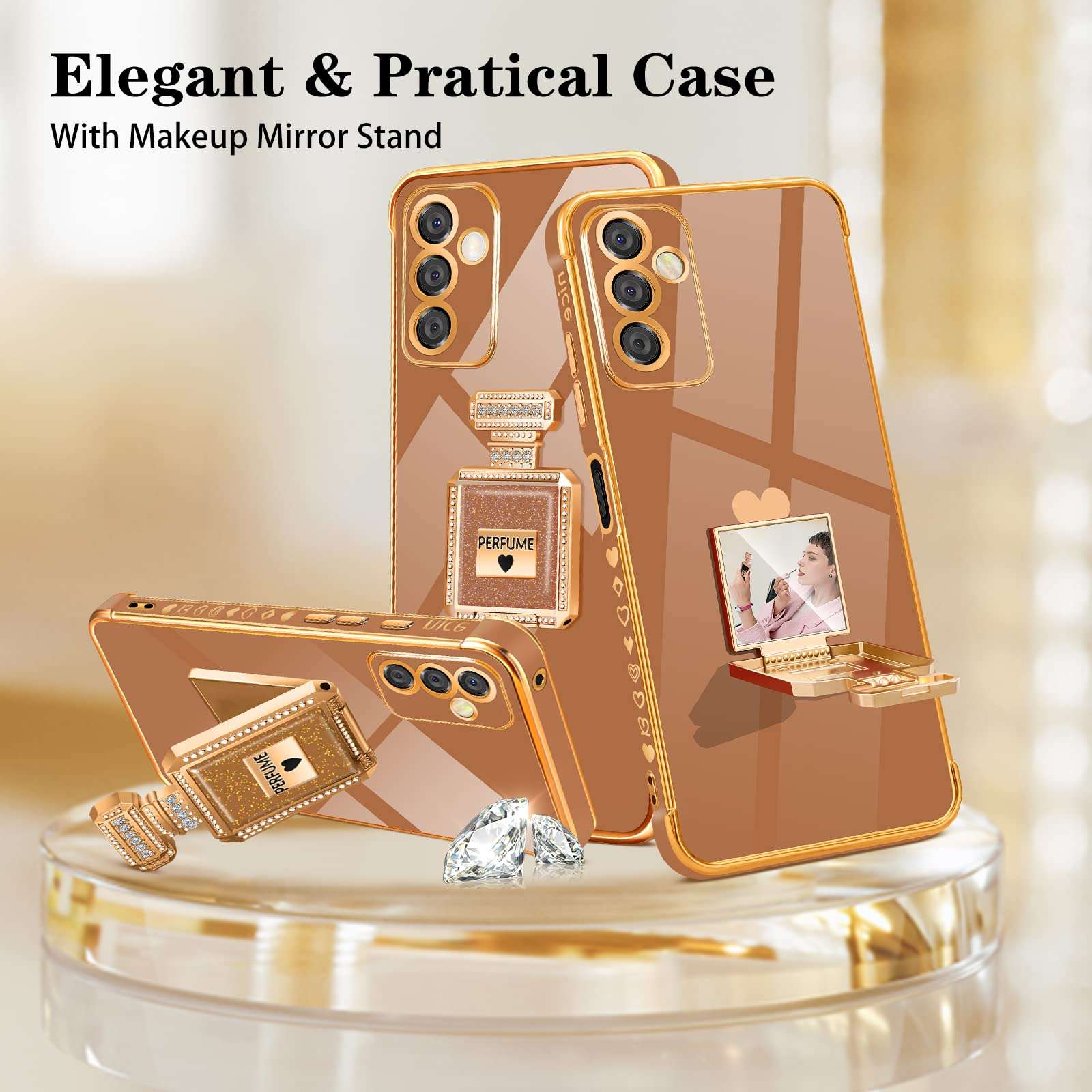 Buleens for Galaxy A13 5G Case with Metal Perfume Bottle Mirror Stand, Cute Women Girly Heart Cases for Samsung Galaxy A13 5G Case, Elegant Luxury Phone Cover for Samsung A13 5G Case 6.5'' Brown 6