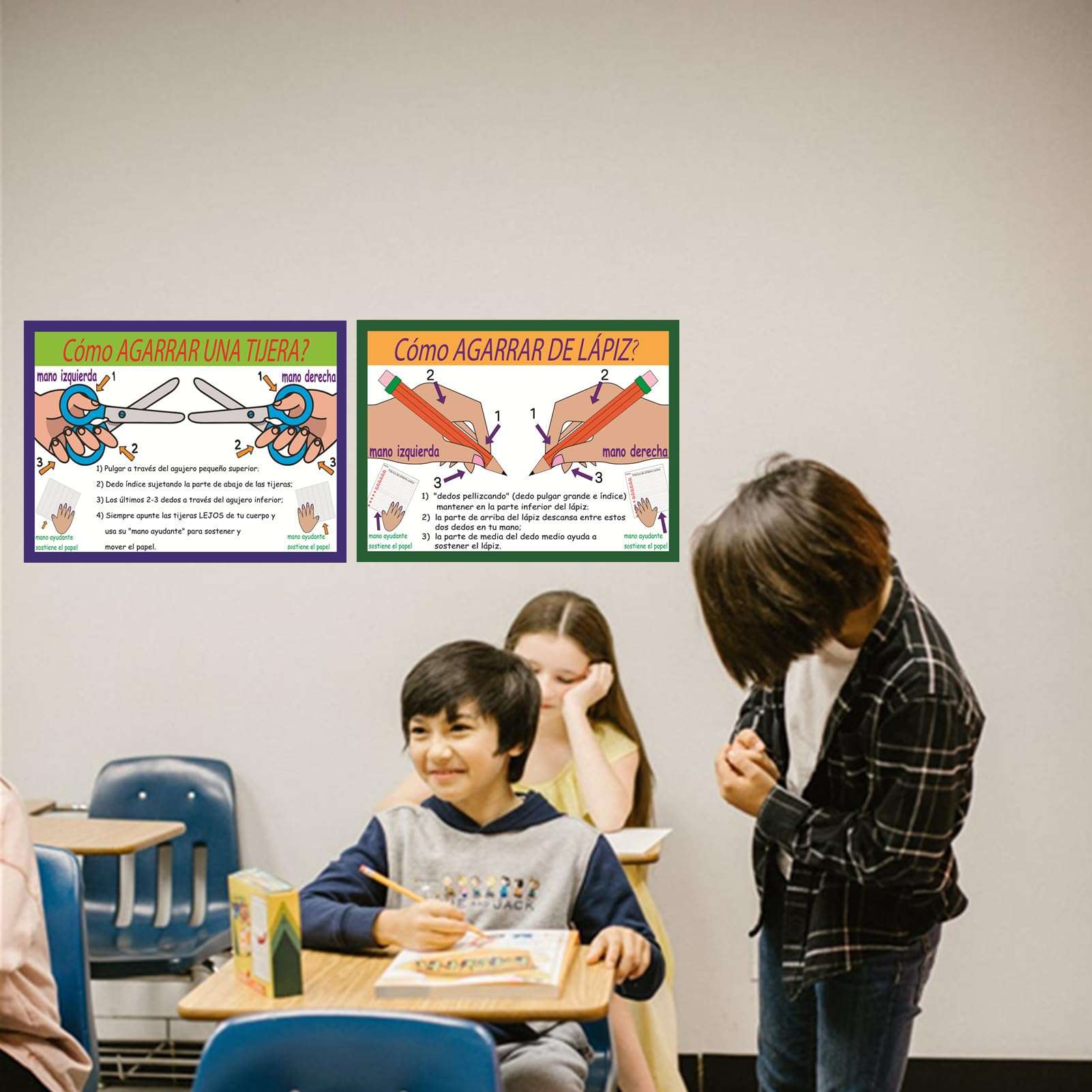 SANTSUN Pencil and Scissor Grip Educational Preschool Poster, How to Pencil Grip? and How to Scissor Grip? Poster with Illustrations, for Toddler and Kid, School Wall Decor, Spanish, 30x40cm 5