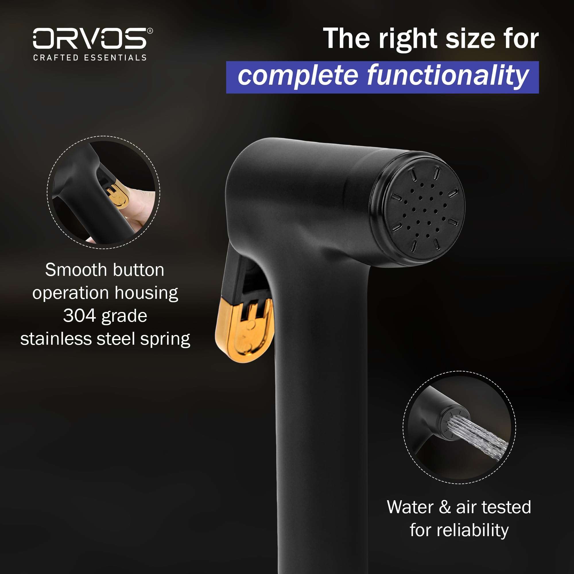 Orvos Health Faucet, Golden Black, ABS Outer Body with brass insert, with 1.25 meter flexible stainless steel shower hose and wall hook, Jet Spray for high end luxury toilets 4