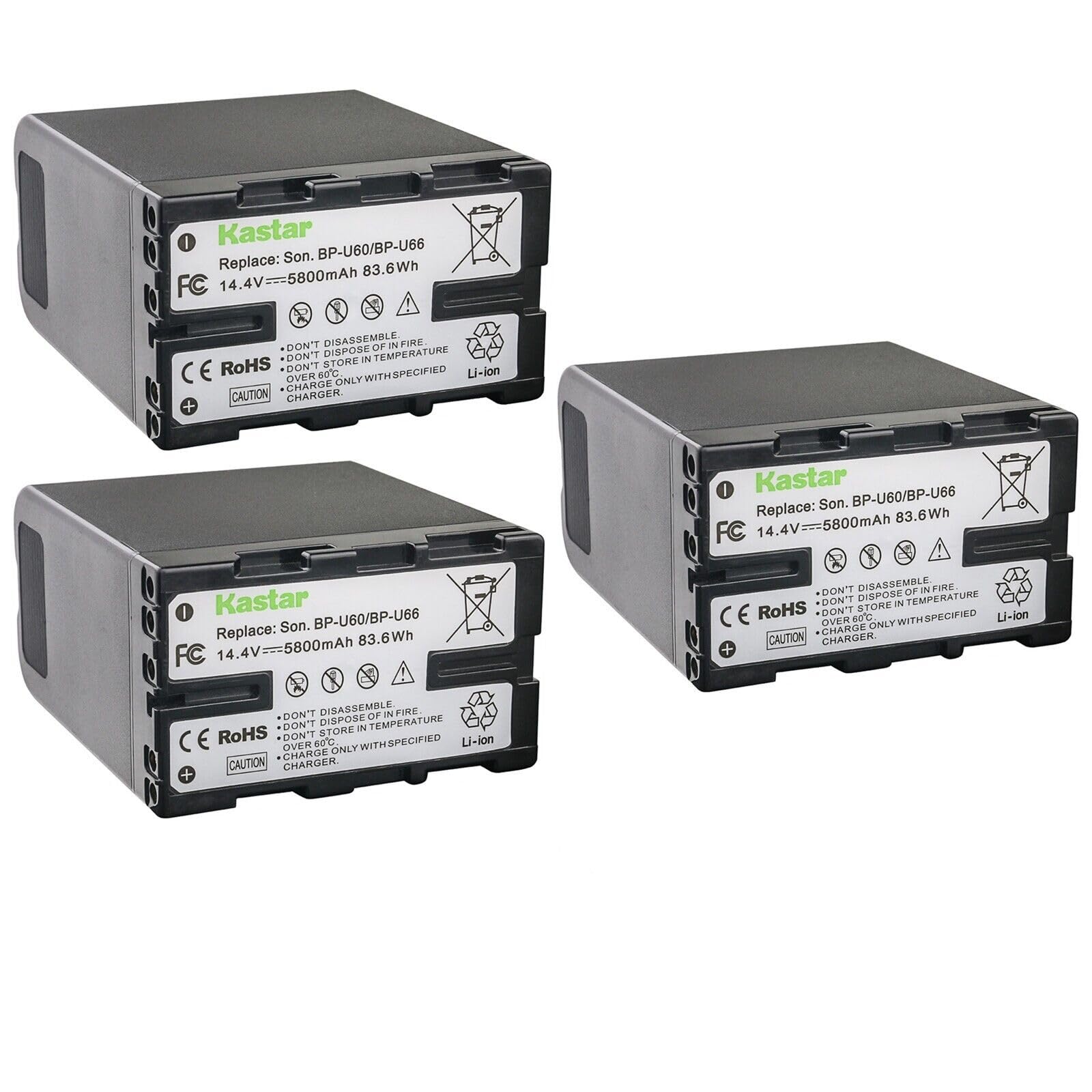 Kastar 3-Pack BP-U60 Battery 14.4V 5800mAh Replacement for Sony PMW-F3, PMW-F3K, PMW-F3L, XDCAM EX, HD422, PHU-60K, ILME-FX6, PXW-FS5, PXW-FS5K, PXW-FS5M2, PXW-FS7, PXW-FS7K, PXW-FS7M2 Camera