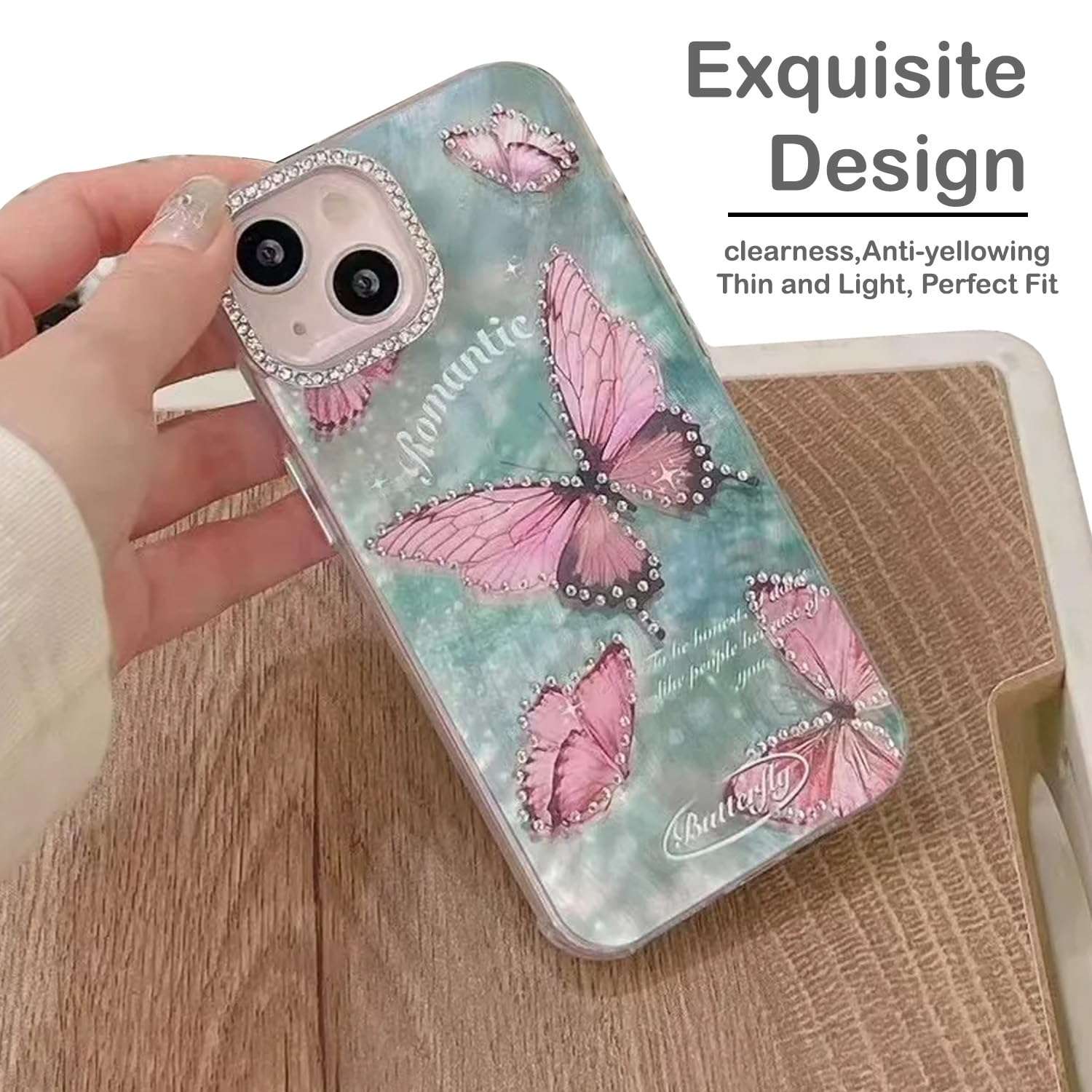 mobistyle Designed for iPhone 15 Cover Glitter Diamond Butterfly Design Phone Back Cover Case (Pink Butterfly) 2